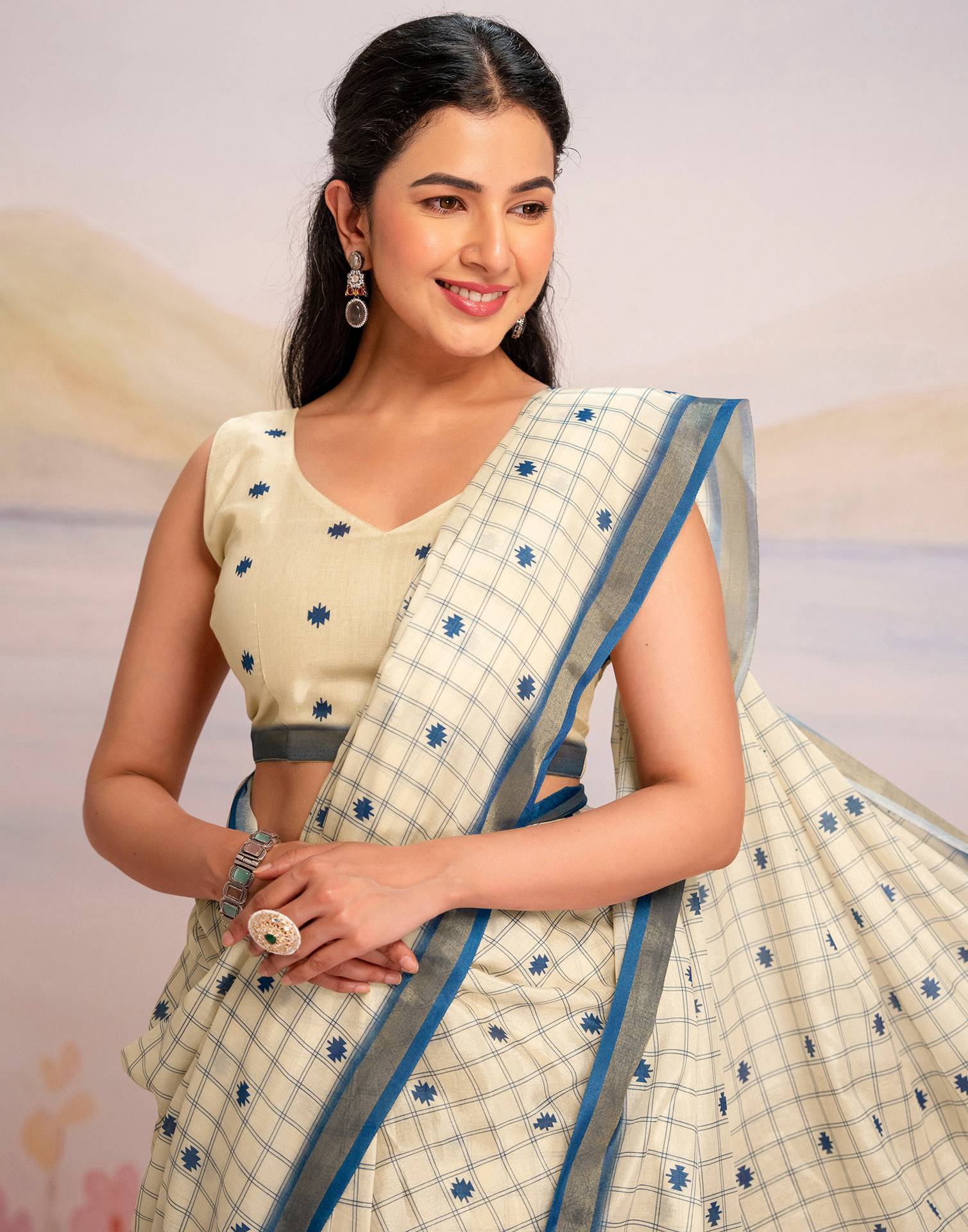 Ready To Wear Cream Silk Printed Saree - Image 12