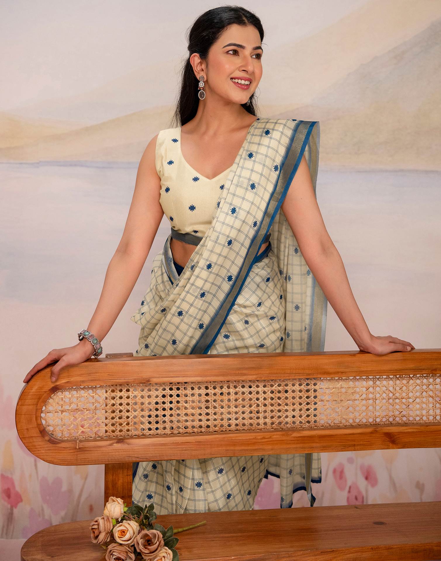Ready To Wear Cream Silk Printed Saree - Image 5