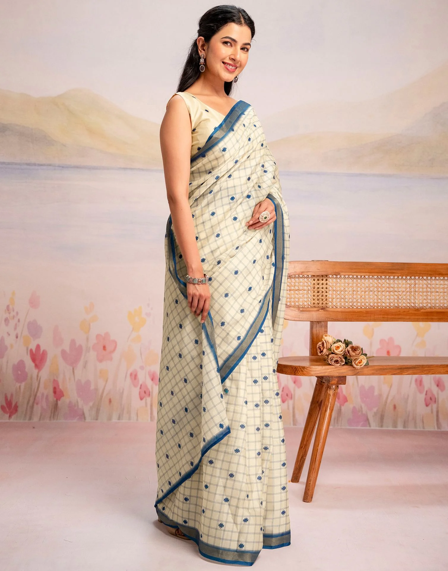 Ready To Wear Cream Silk Printed Saree - Image 7