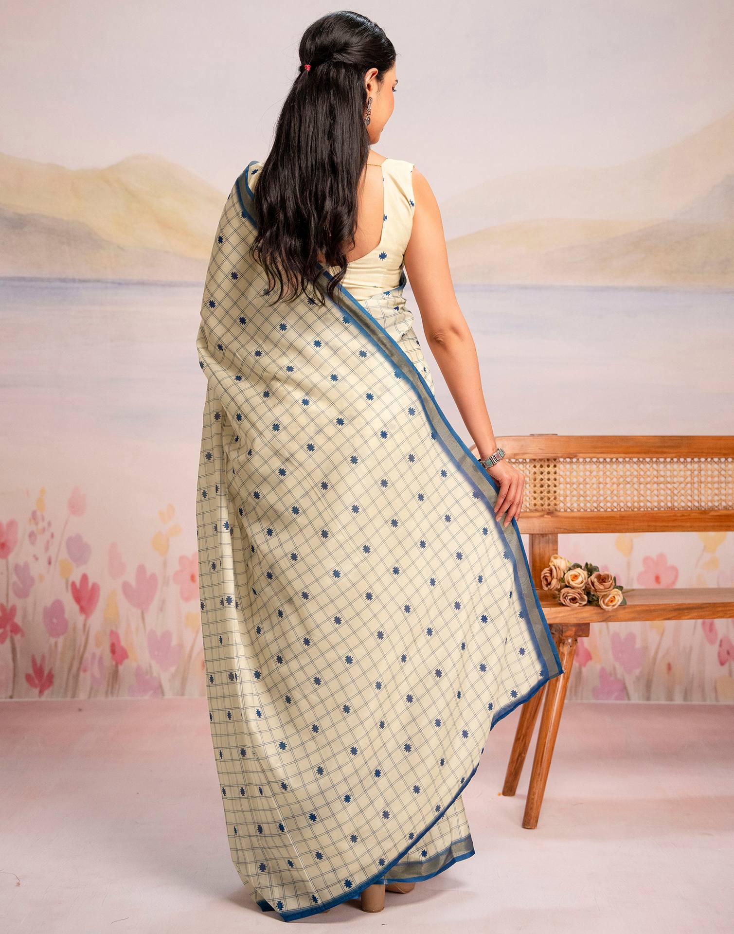 Ready To Wear Cream Silk Printed Saree - Image 8