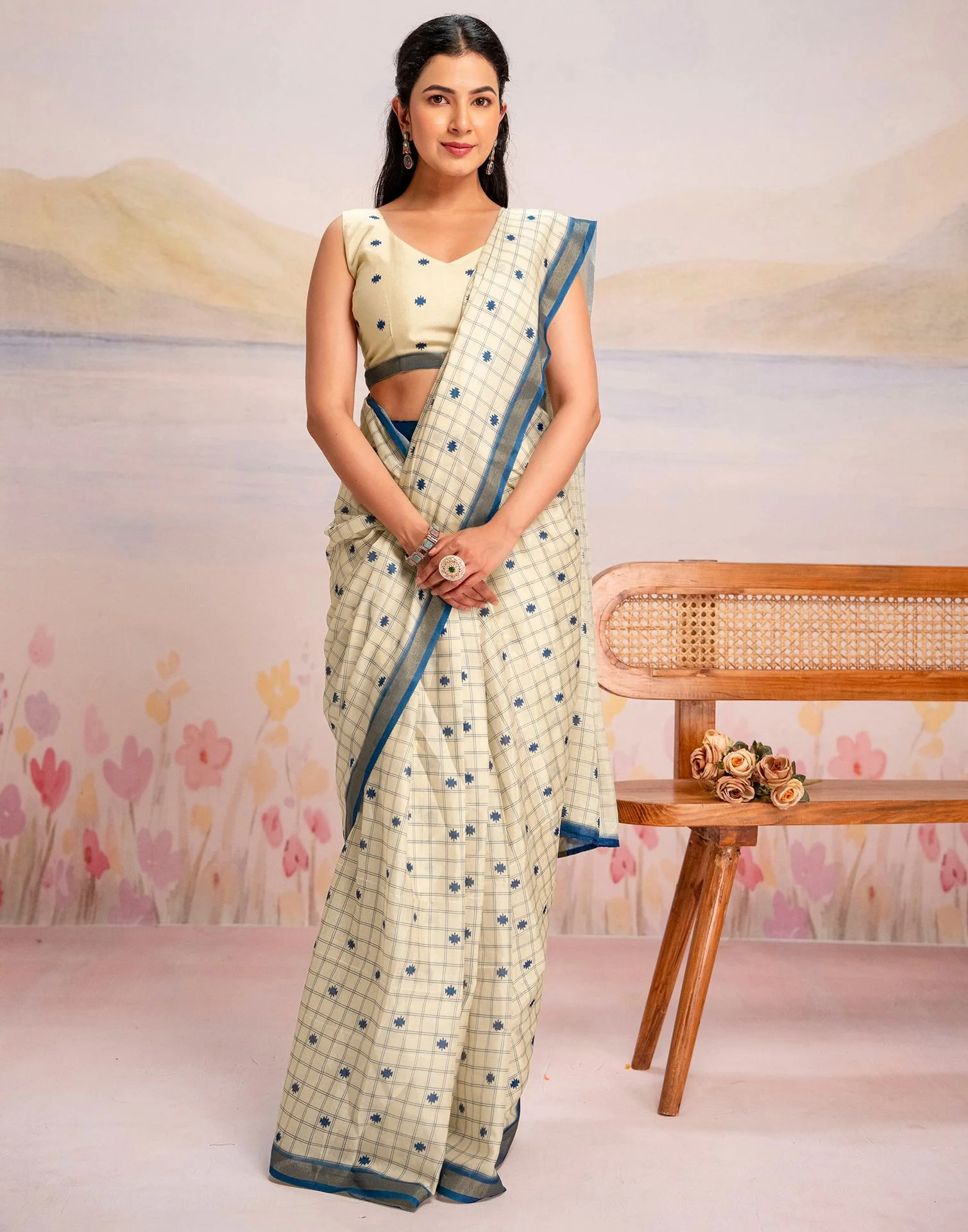 Ready To Wear Cream Silk Printed Saree - Image 9