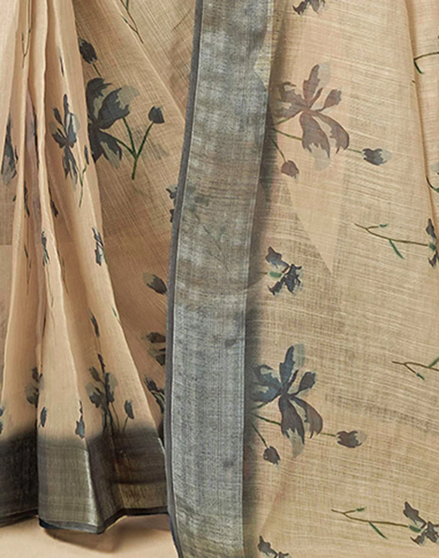 Ready to Wear Dark Beige Linen Floral Printed Saree - Image 11
