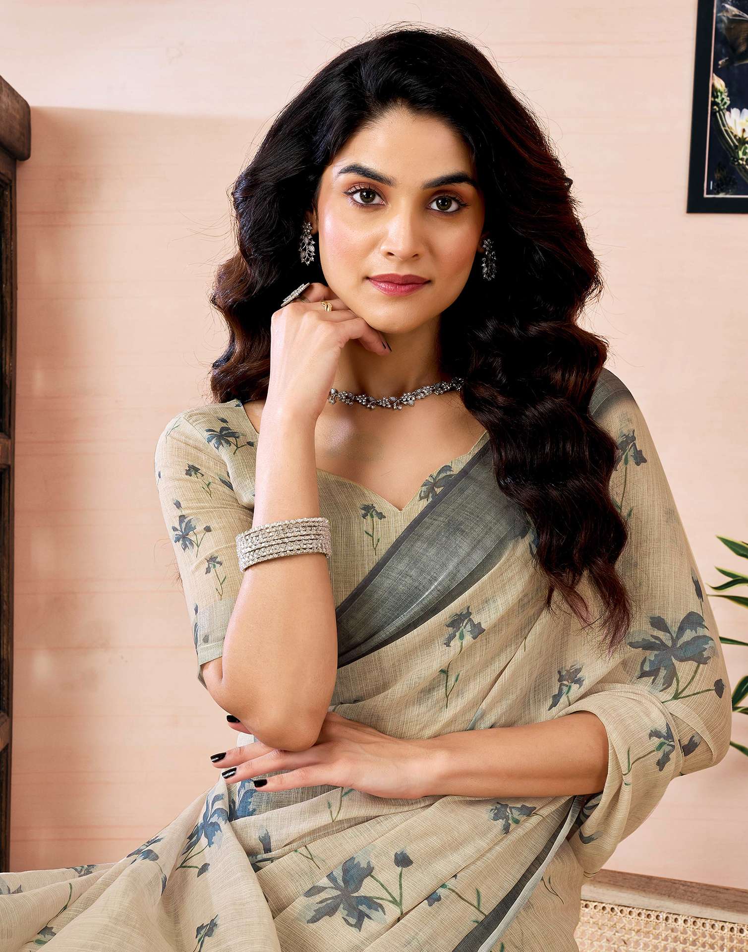 Ready to Wear Dark Beige Linen Floral Printed Saree - Image 4