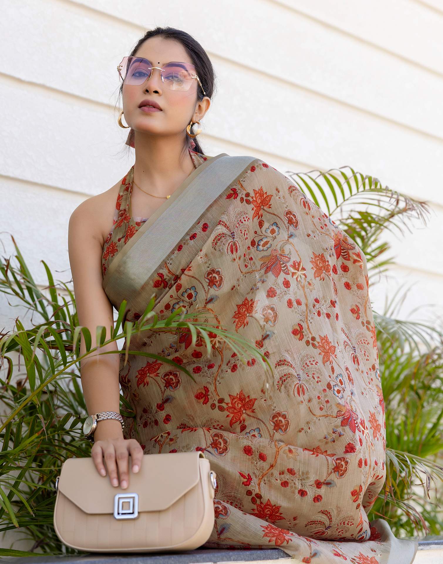 Ready To Wear Dark Beige Linen Woven Border Printed Saree - Image 5