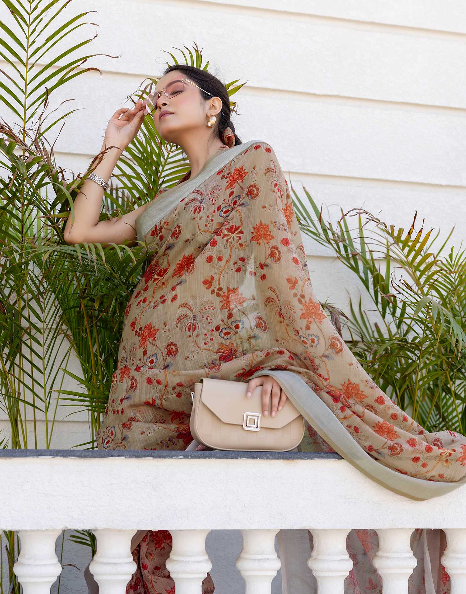 Ready To Wear Dark Beige Linen Woven Border Printed Saree - Image 7