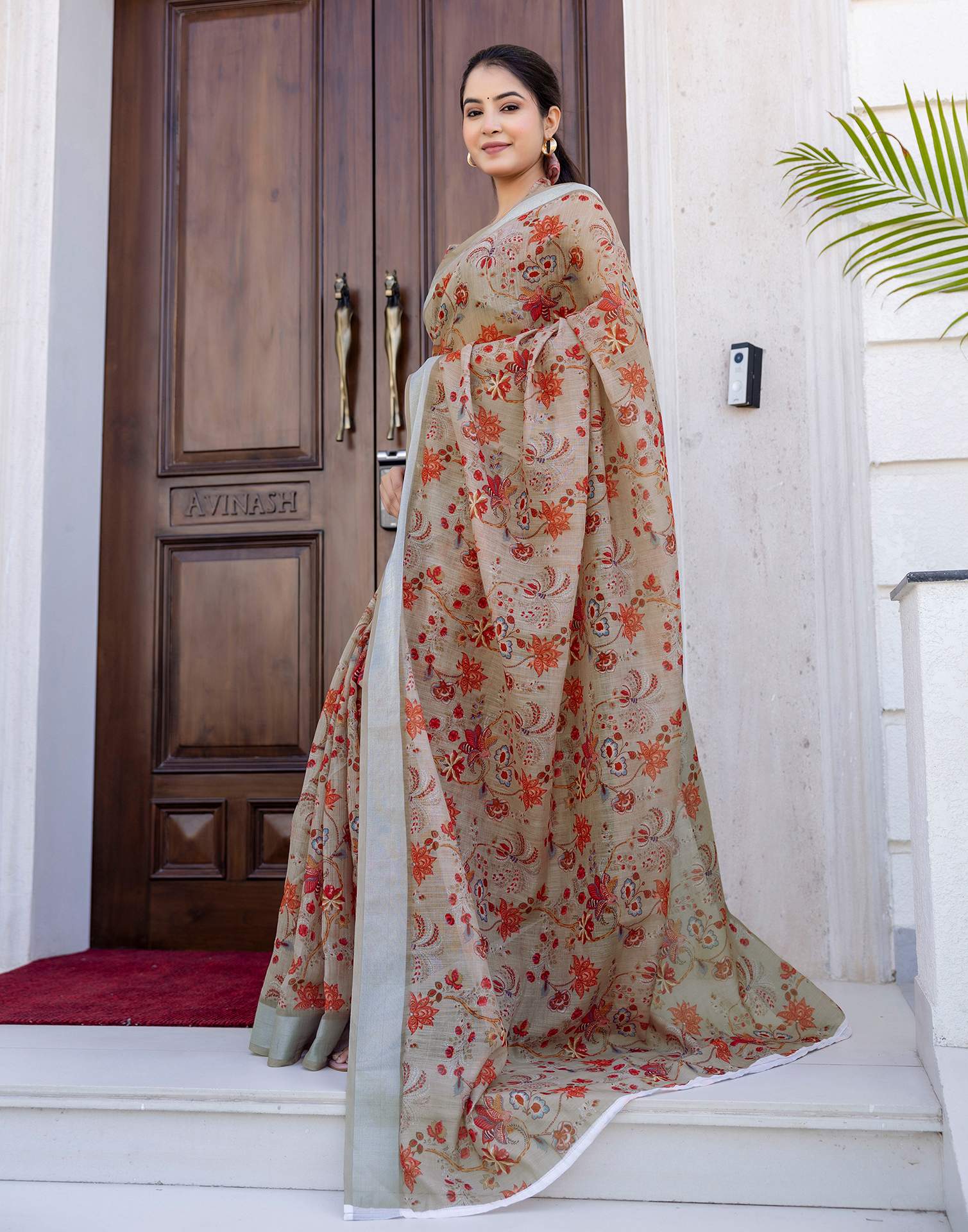 Ready To Wear Dark Beige Linen Woven Border Printed Saree - Image 9