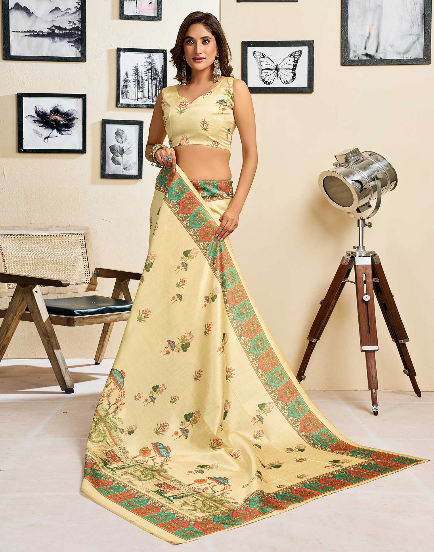 Ready To Wear Dark Beige Silk Printed Saree - Image 3