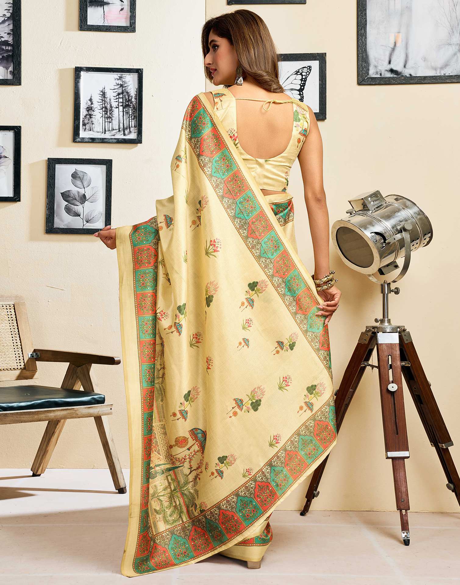 Ready To Wear Dark Beige Silk Printed Saree - Image 8