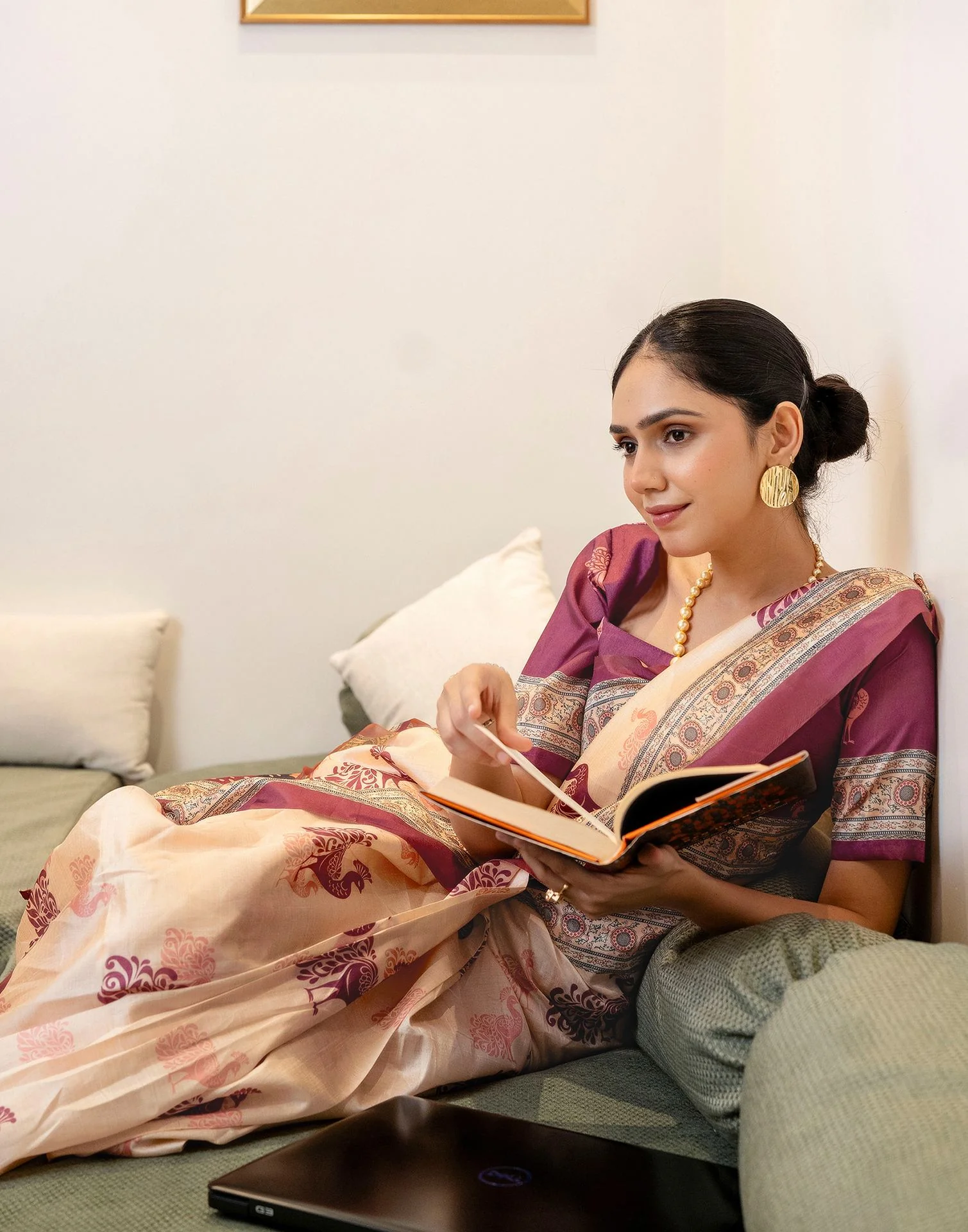 Ready To Wear Dark Beige Silk Printed Saree - Image 3