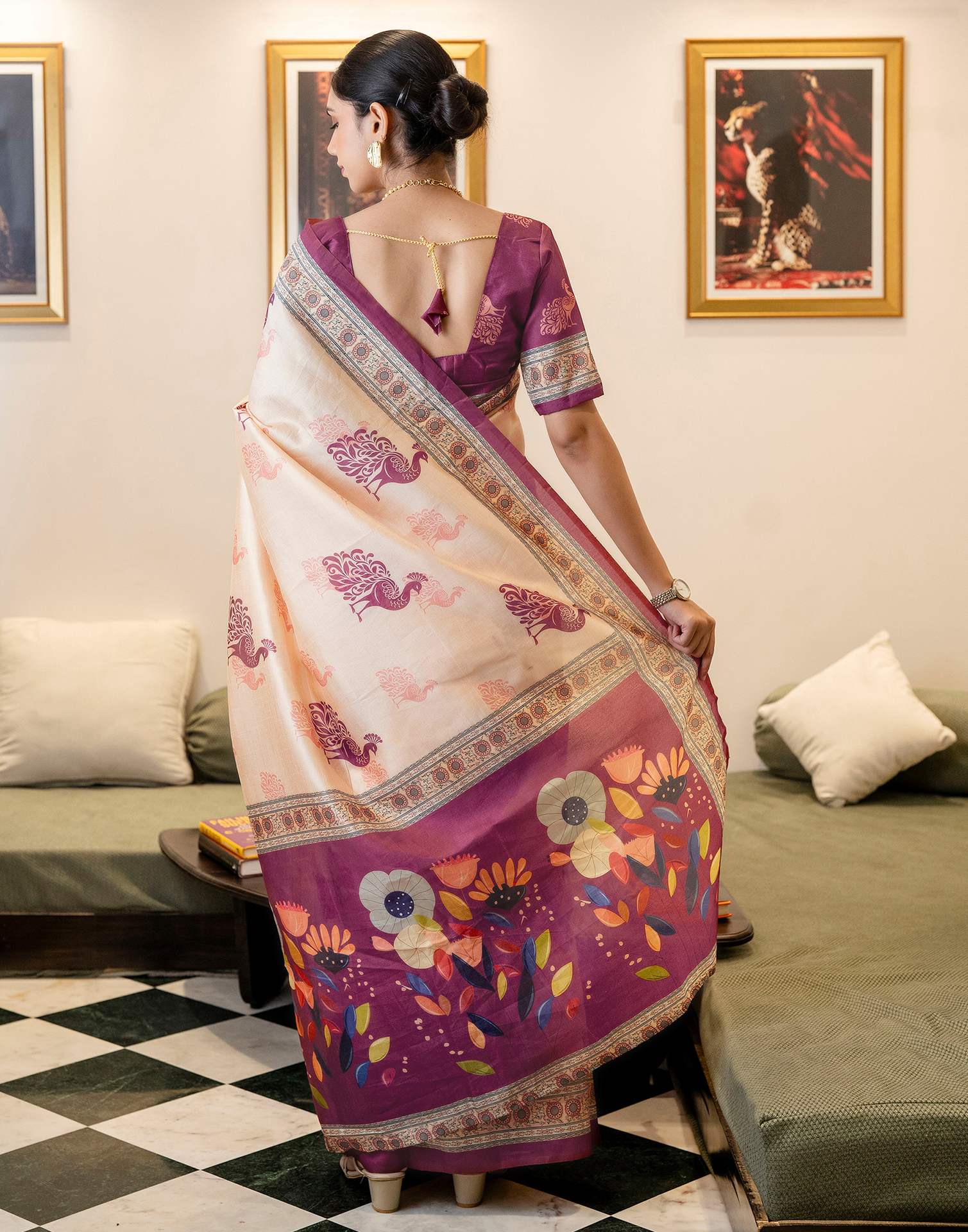 Ready To Wear Dark Beige Silk Printed Saree - Image 5
