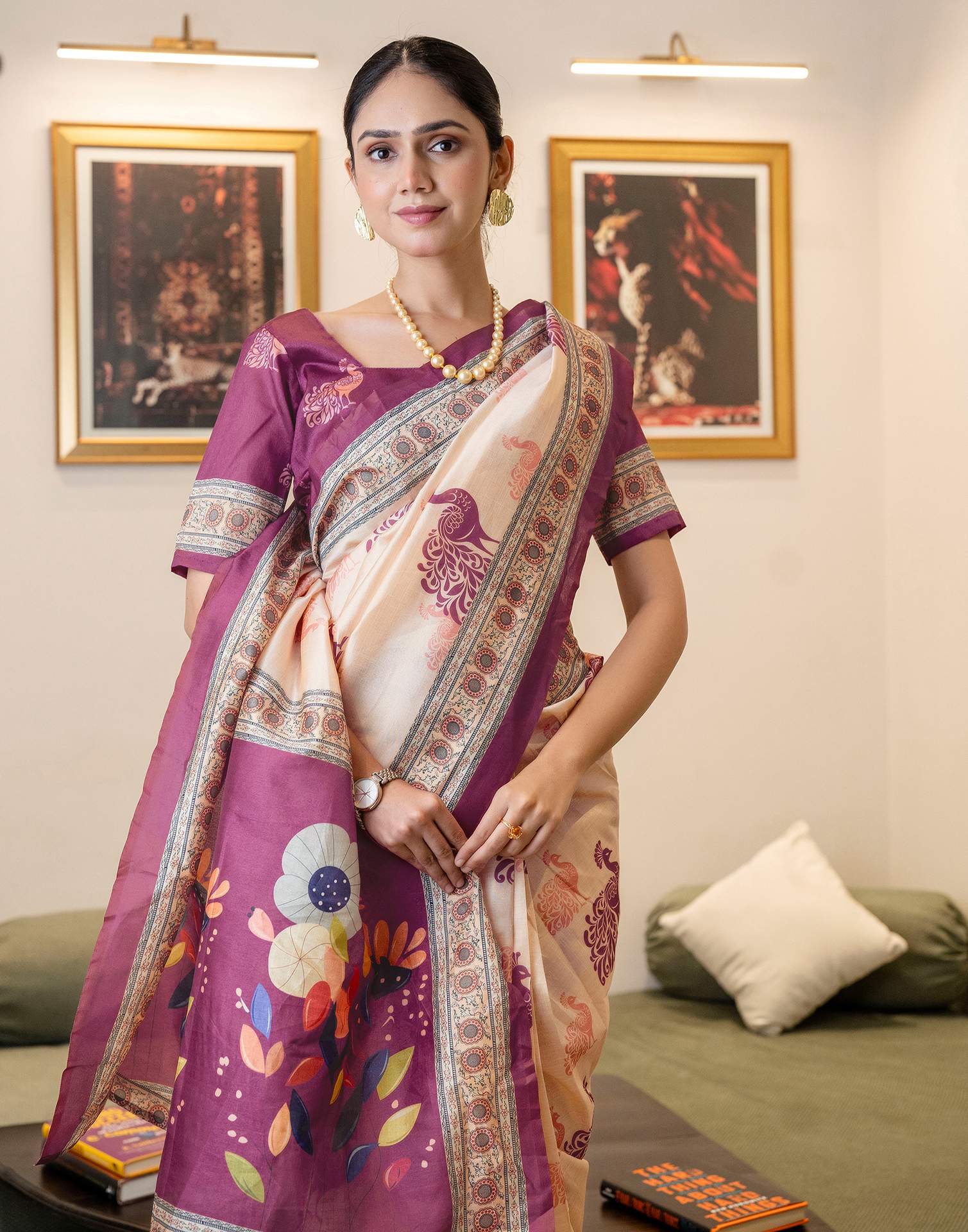 Ready To Wear Dark Beige Silk Printed Saree - Image 6