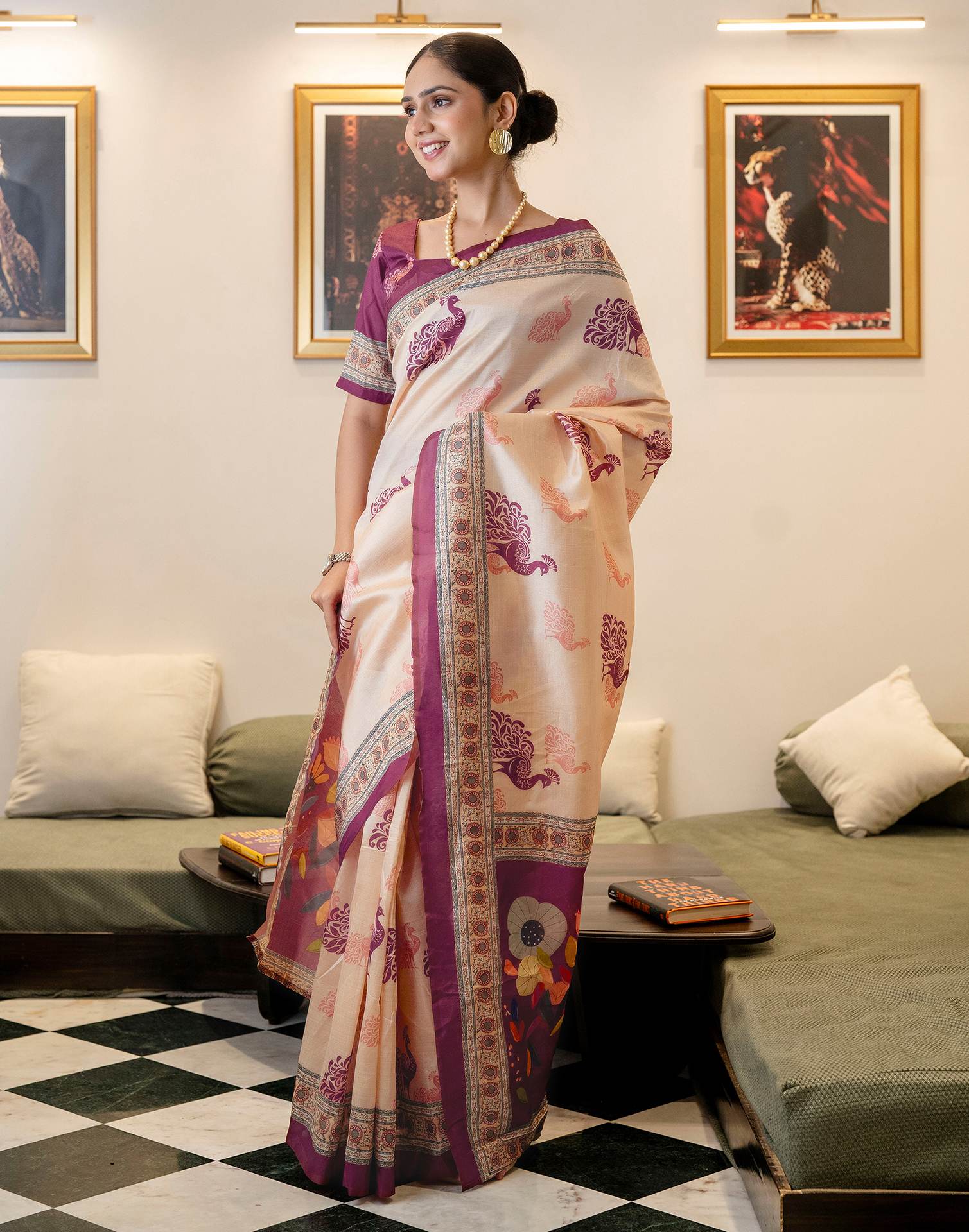 Ready To Wear Dark Beige Silk Printed Saree - Image 7