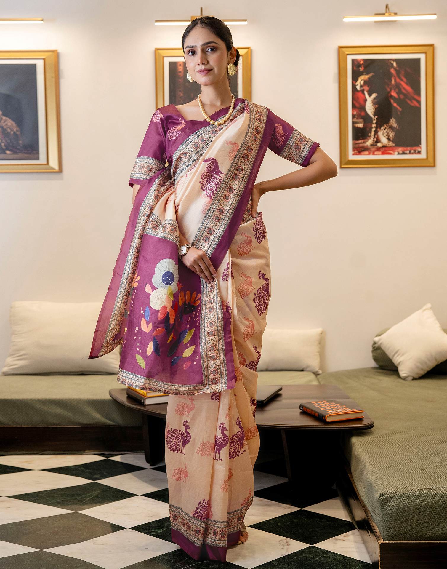 Ready To Wear Dark Beige Silk Printed Saree - Image 8