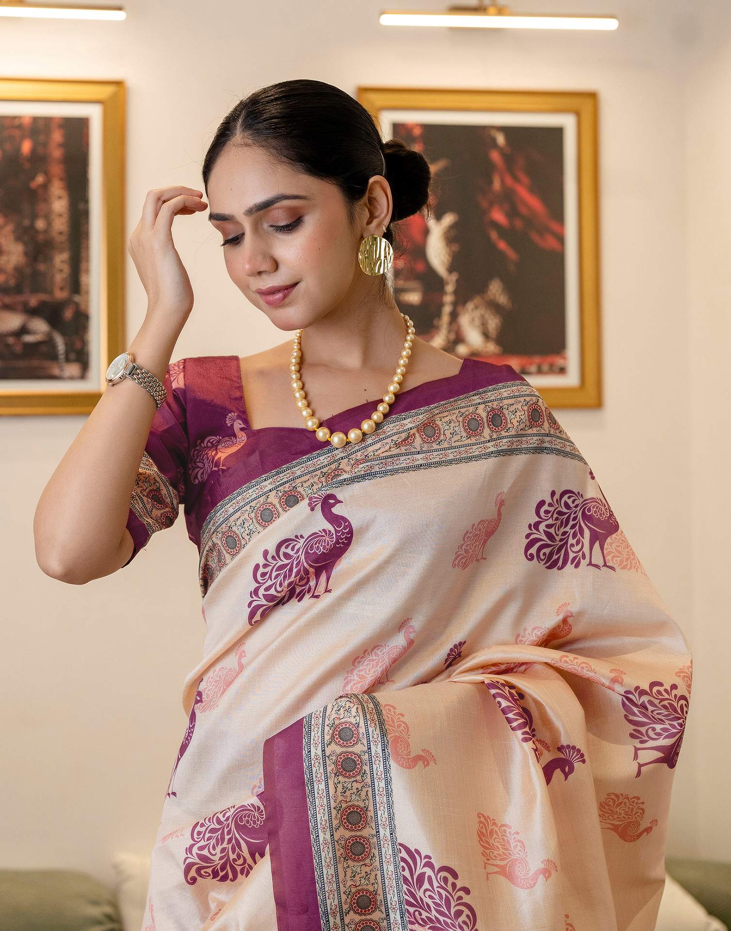 Ready To Wear Dark Beige Silk Printed Saree - Image 9