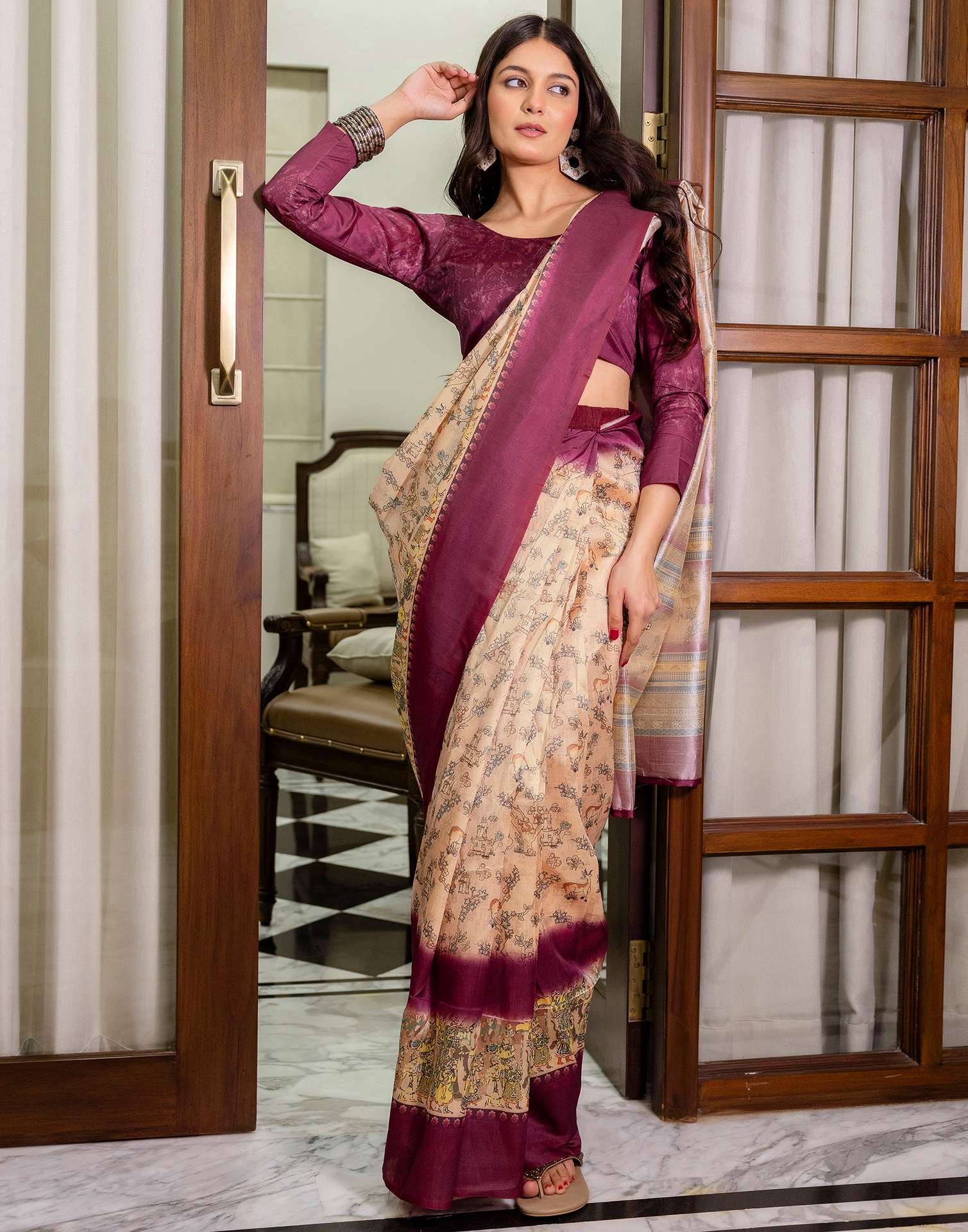 Ready To Wear Dark Beige Silk Printed Saree - Image 10