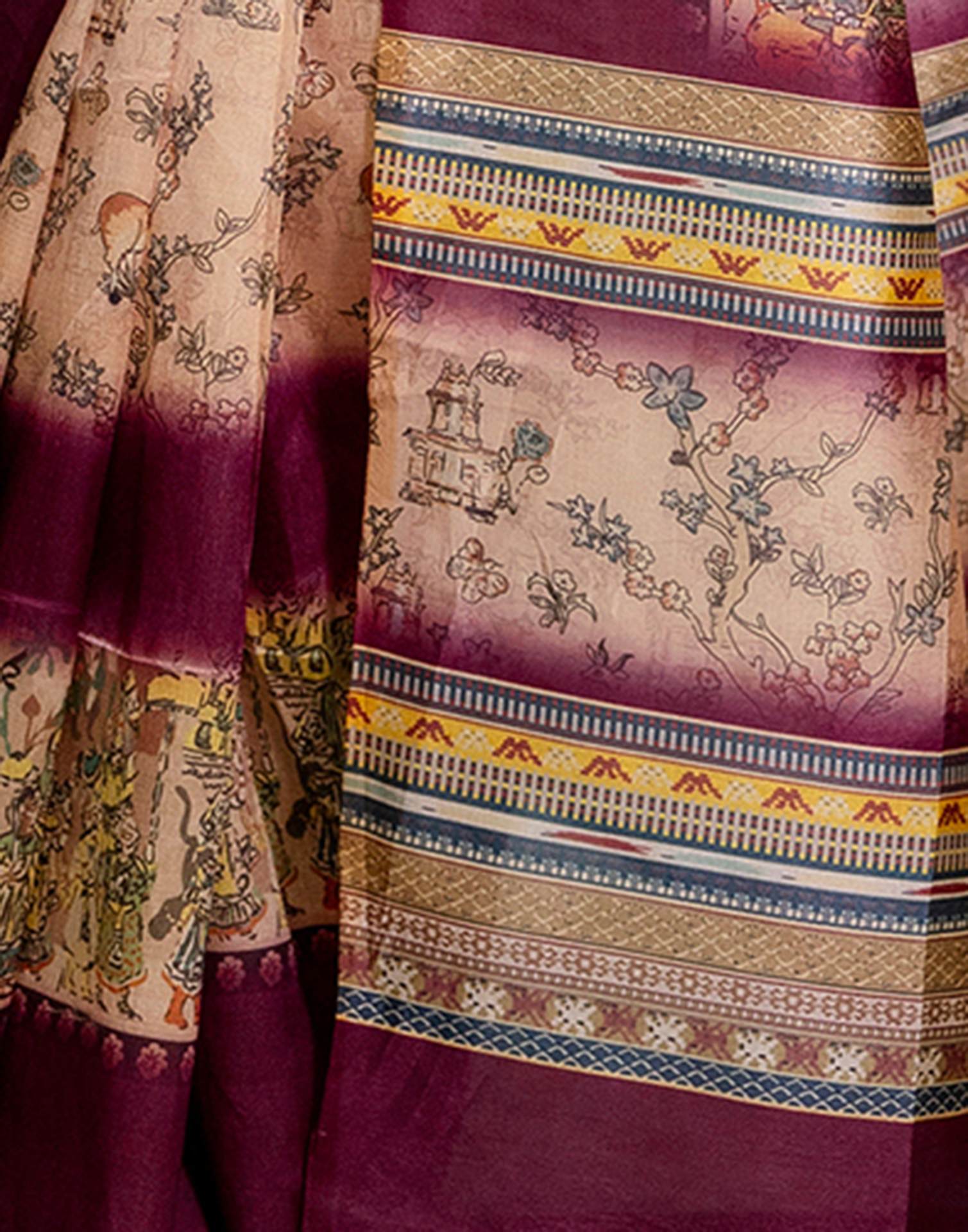 Ready To Wear Dark Beige Silk Printed Saree - Image 13