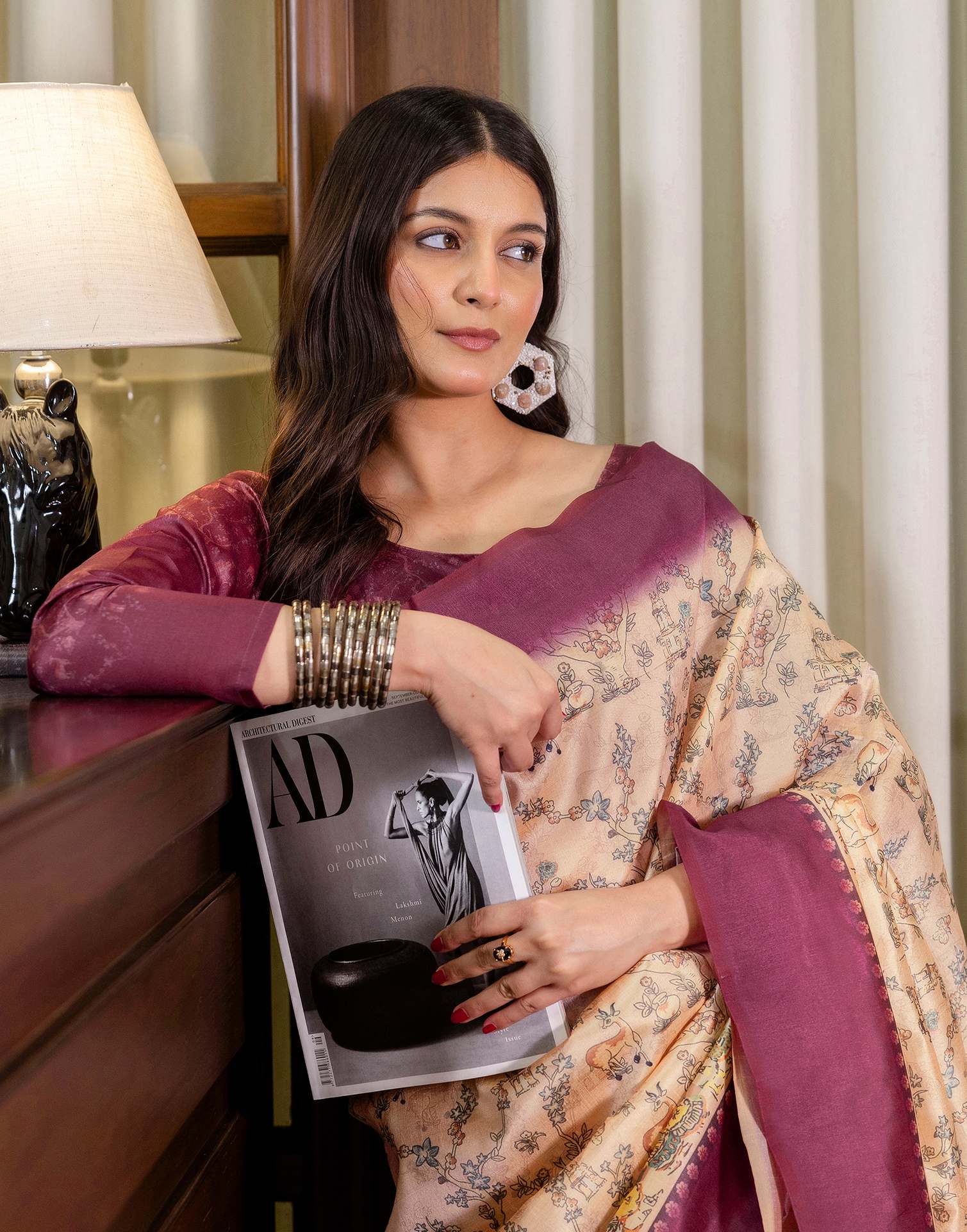 Ready To Wear Dark Beige Silk Printed Saree - Image 5