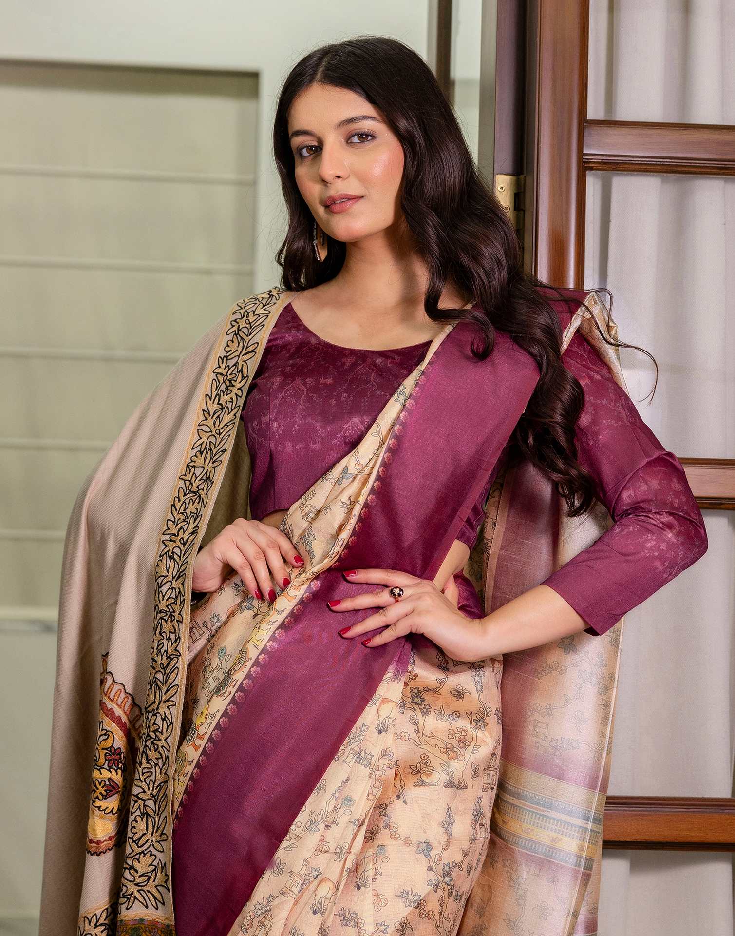 Ready To Wear Dark Beige Silk Printed Saree - Image 6