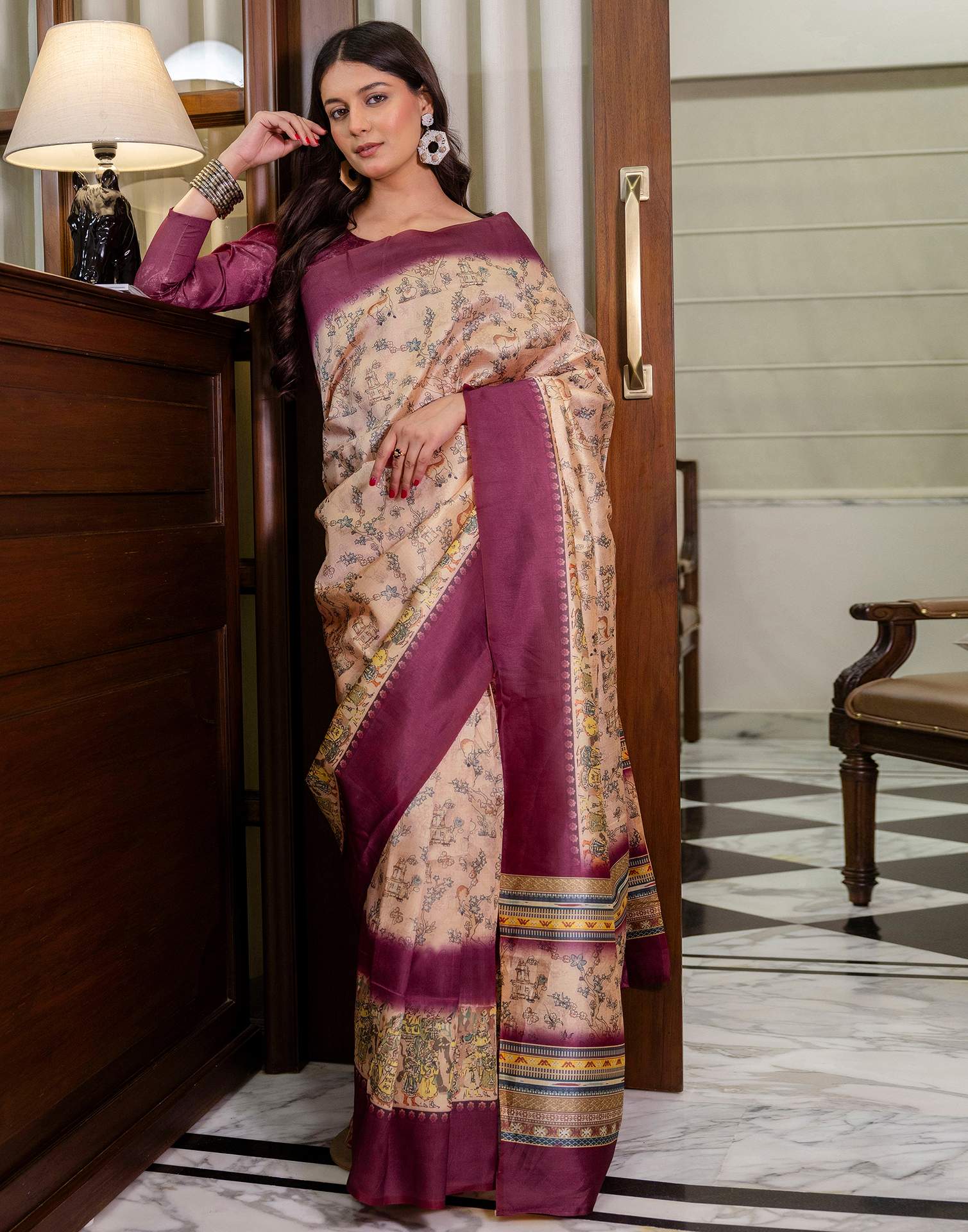 Ready To Wear Dark Beige Silk Printed Saree - Image 8