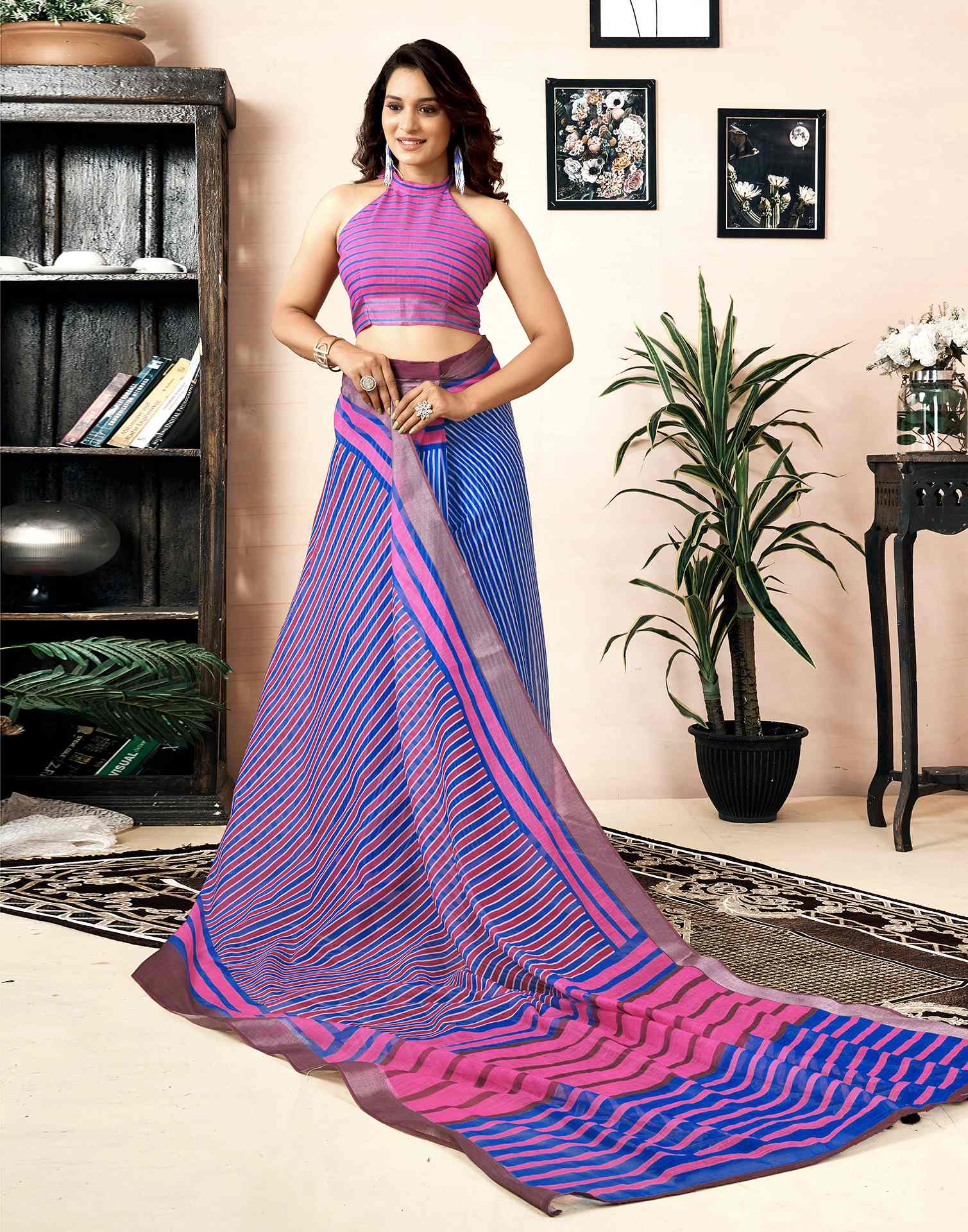 Ready To Wear Dark Blue Linen Printed Saree With Pocket - Image 7