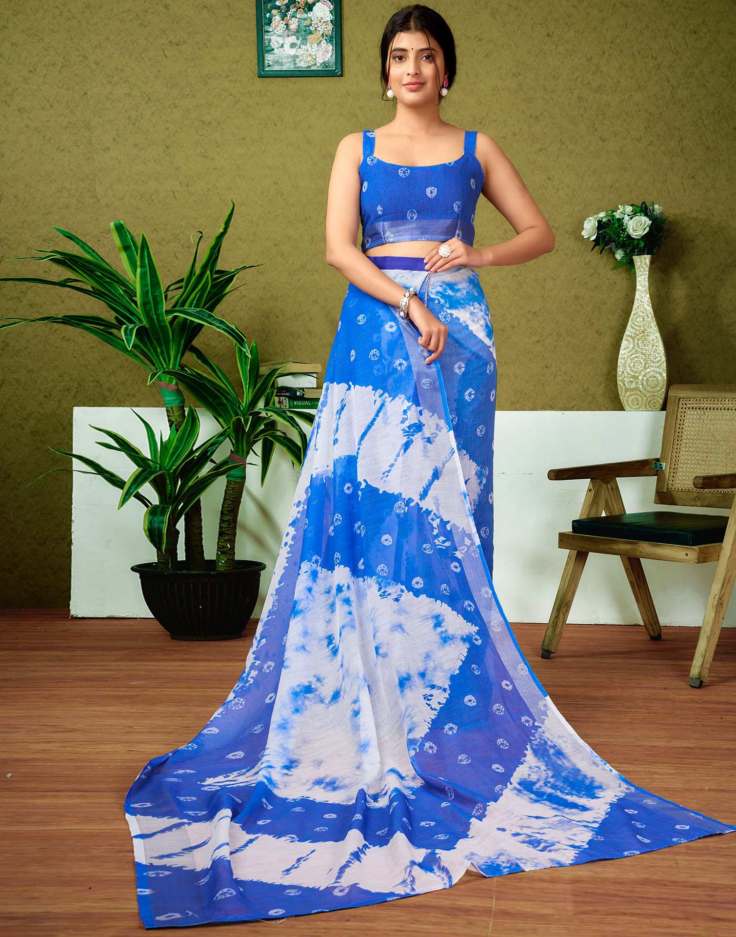 Ready To Wear Dark Blue Linen Dyed Printed Saree - Image 7