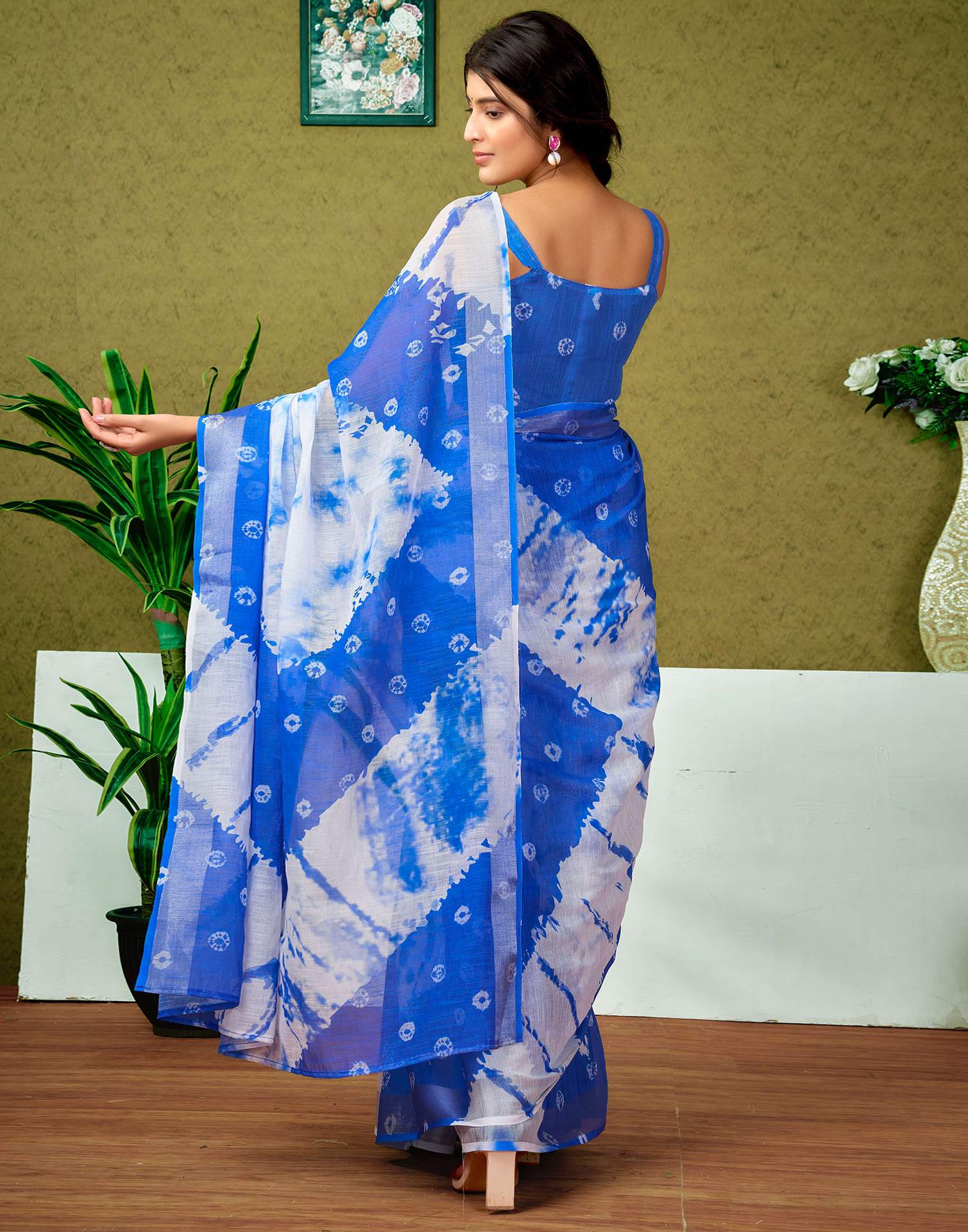 Ready To Wear Dark Blue Linen Dyed Printed Saree - Image 8