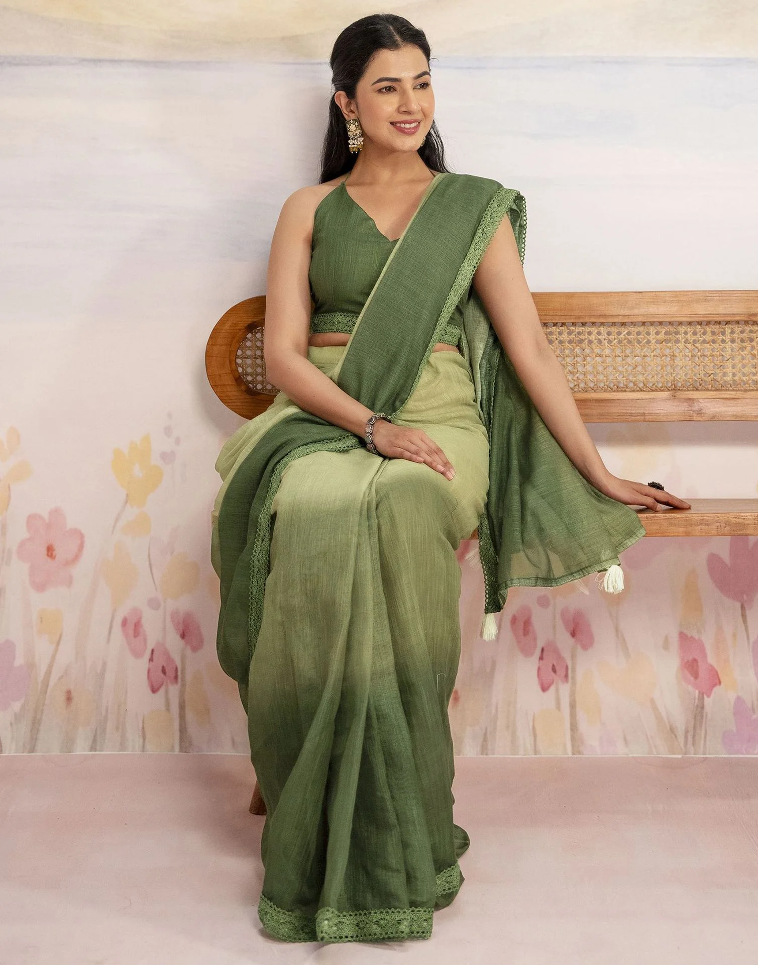 Ready To Wear Dark Green Linen Ombre Lace Saree With Pocket - Image 10