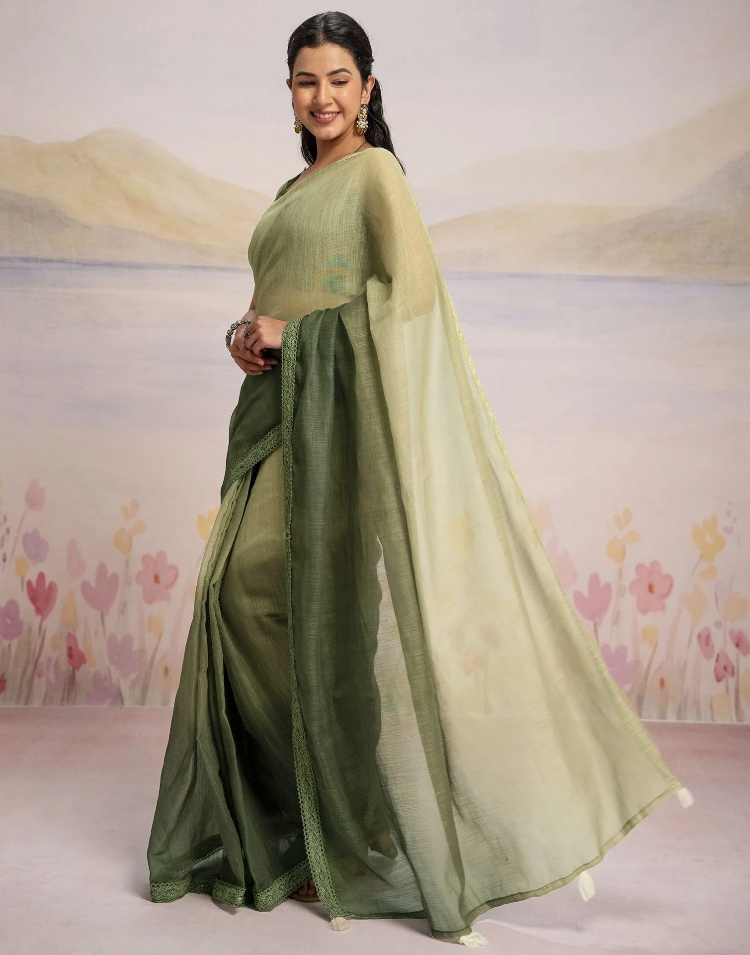 Ready To Wear Dark Green Linen Ombre Lace Saree With Pocket - Image 5