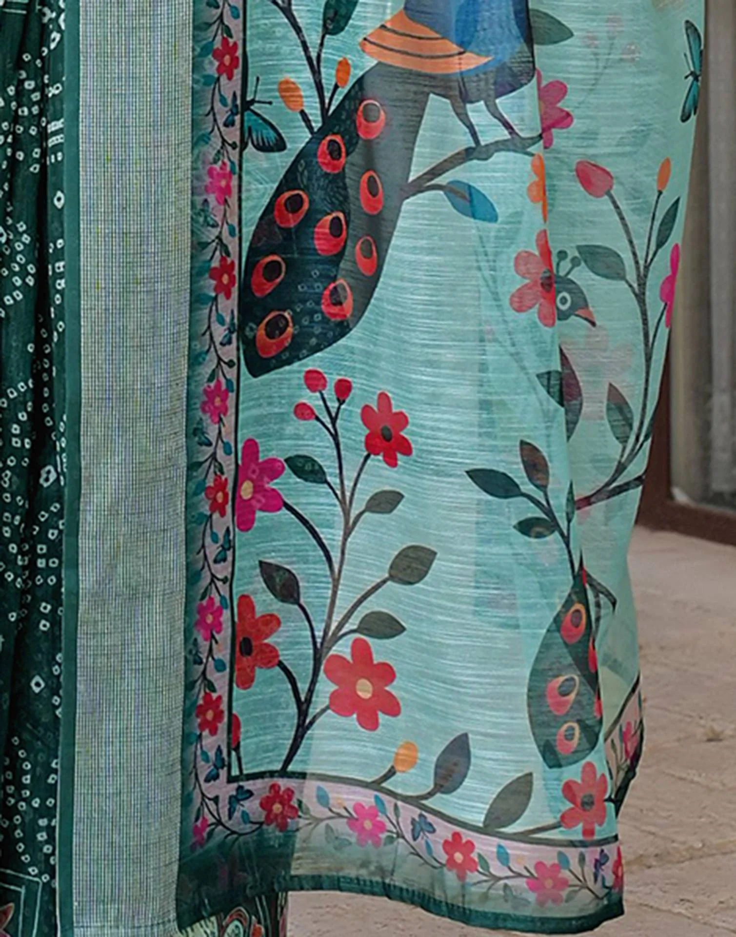 Ready To Wear Dark Green Linen Printed Embroidery Border Saree - Image 11