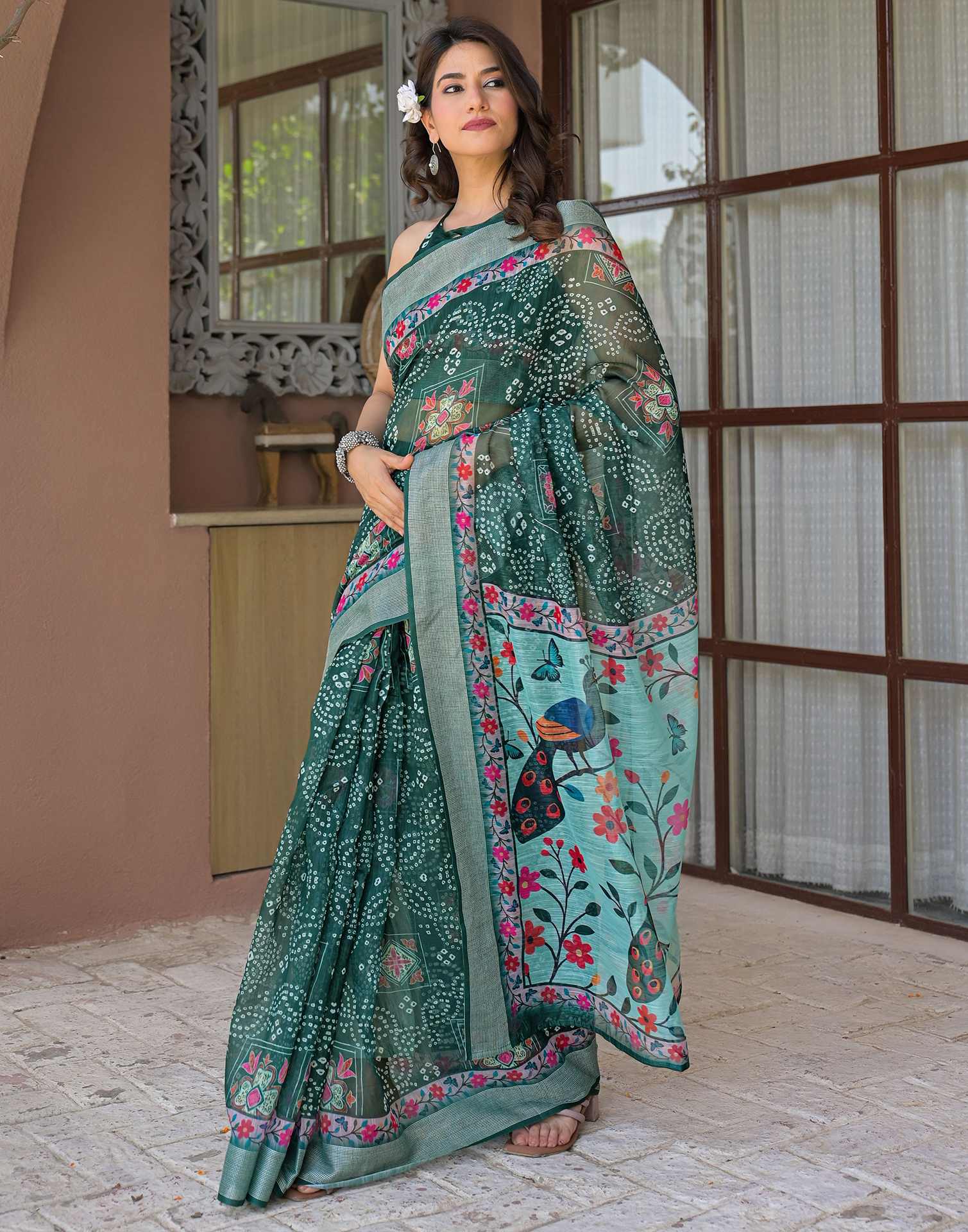 Ready To Wear Dark Green Linen Printed Embroidery Border Saree - Image 5