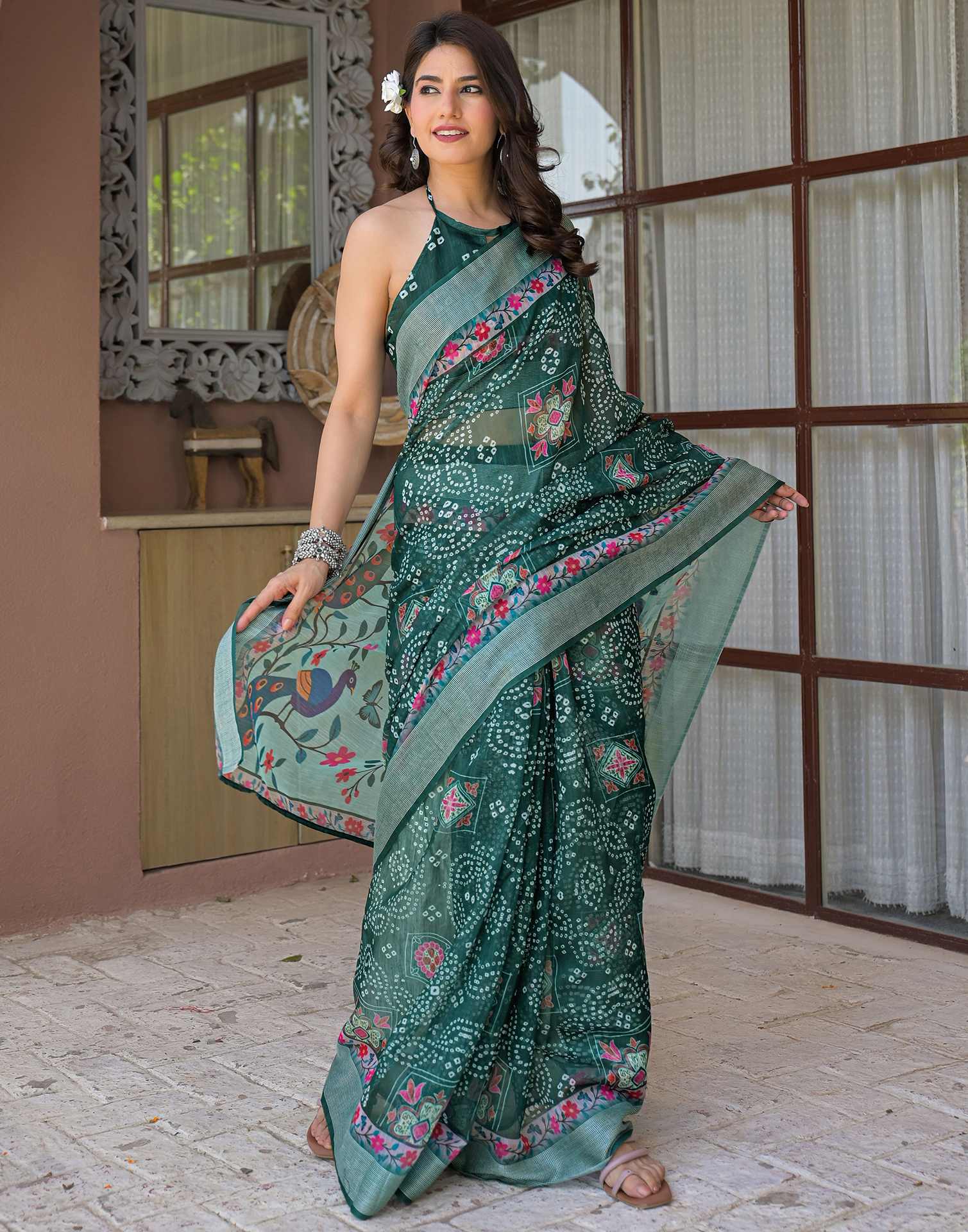 Ready To Wear Dark Green Linen Printed Embroidery Border Saree - Image 6