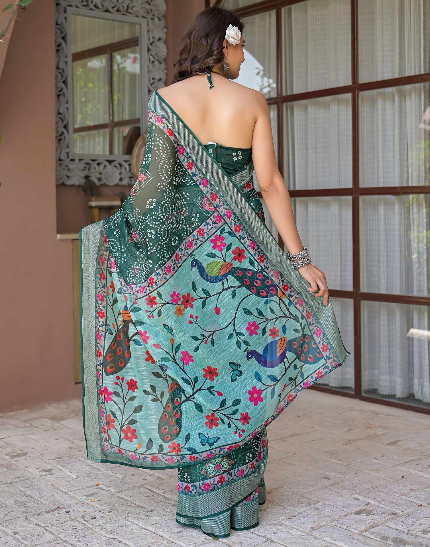 Ready To Wear Dark Green Linen Printed Embroidery Border Saree - Image 7