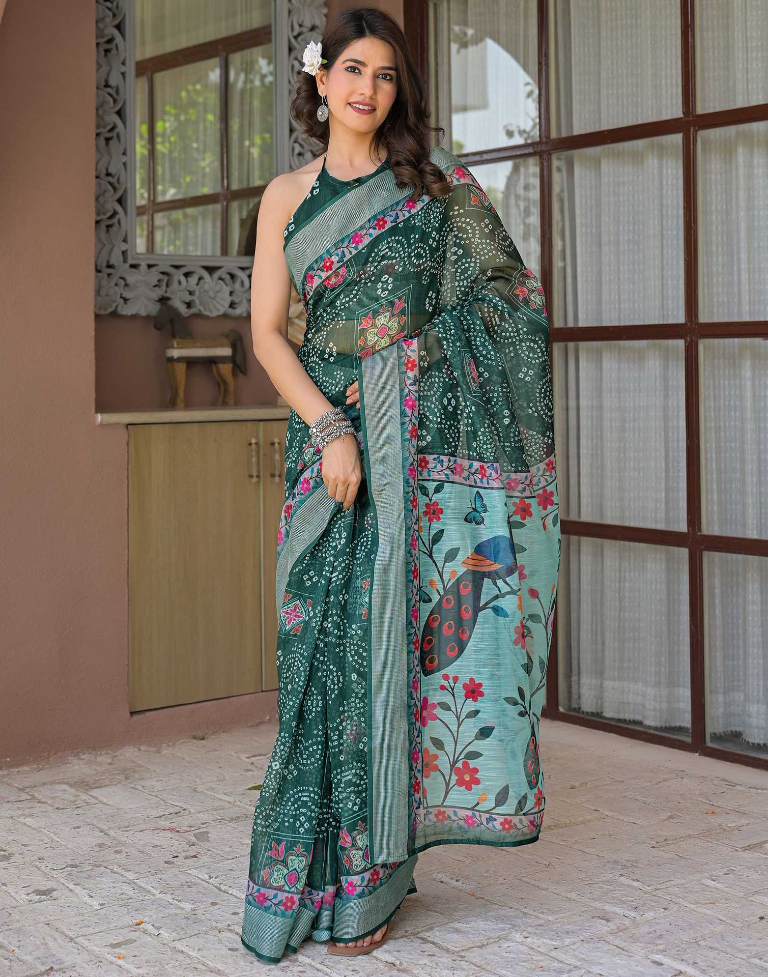 Ready To Wear Dark Green Linen Printed Embroidery Border Saree - Image 8
