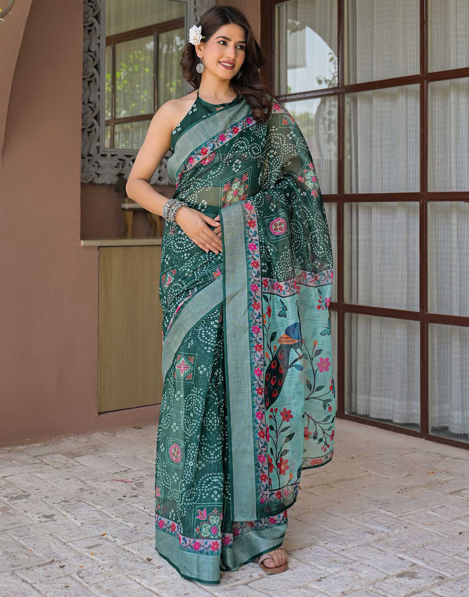 Ready To Wear Dark Green Linen Printed Embroidery Border Saree - Image 9