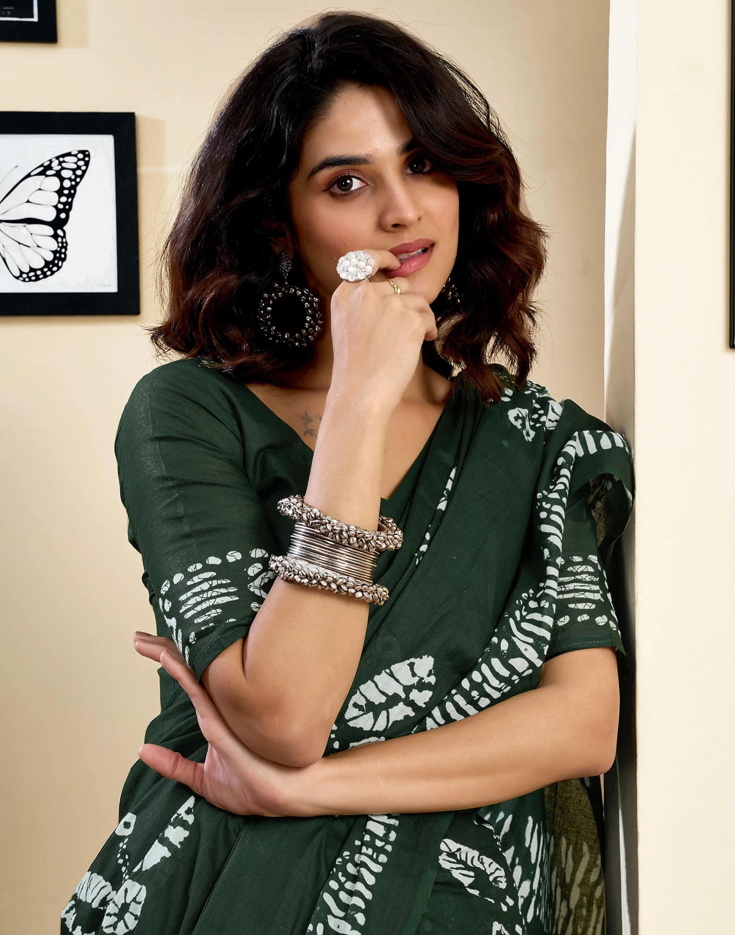 Ready To Wear Dark Green Pure Cotton Printed Saree With Pocket - Image 6