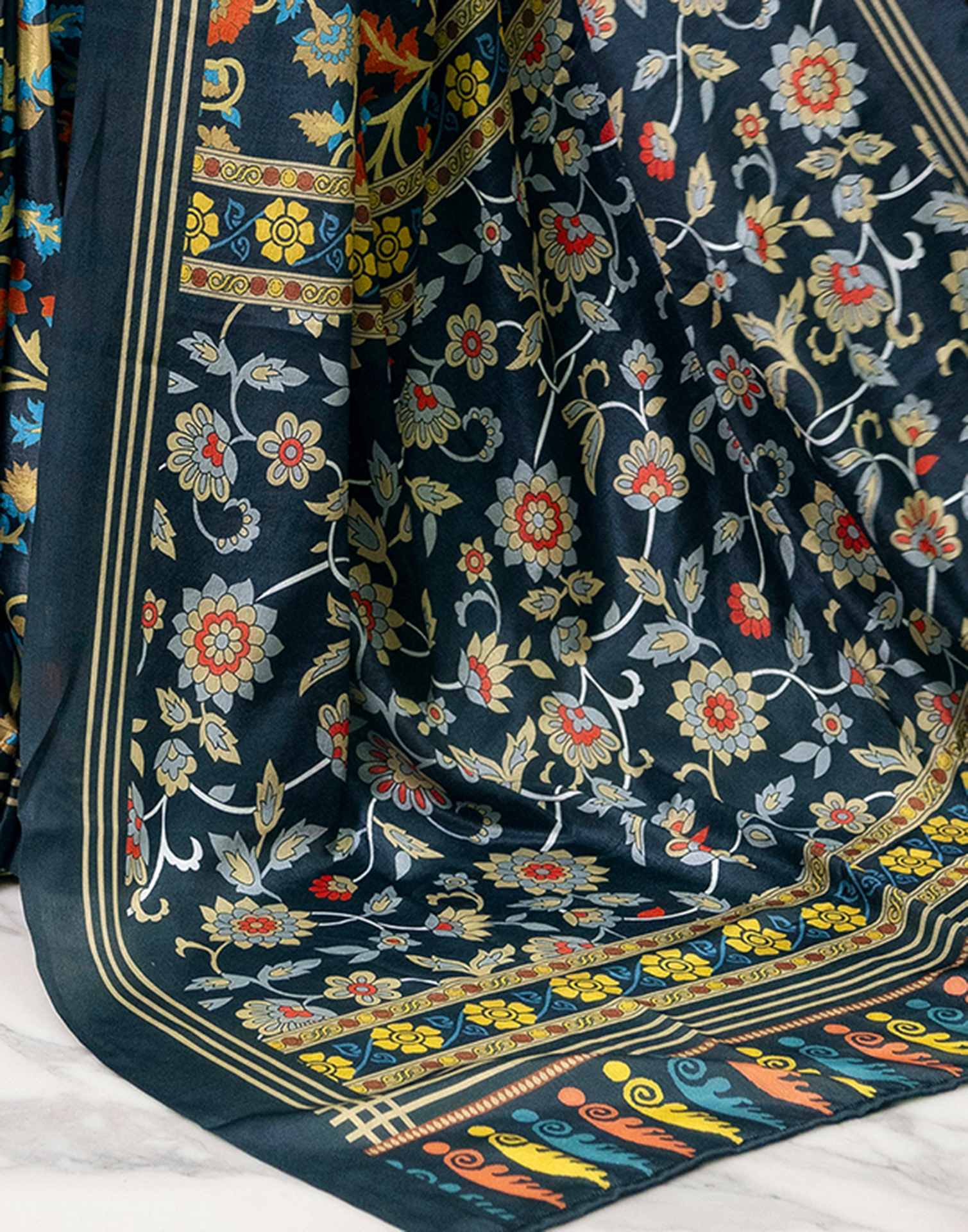 Ready To Wear Dark Grey Chinnon Printed Saree - Image 11