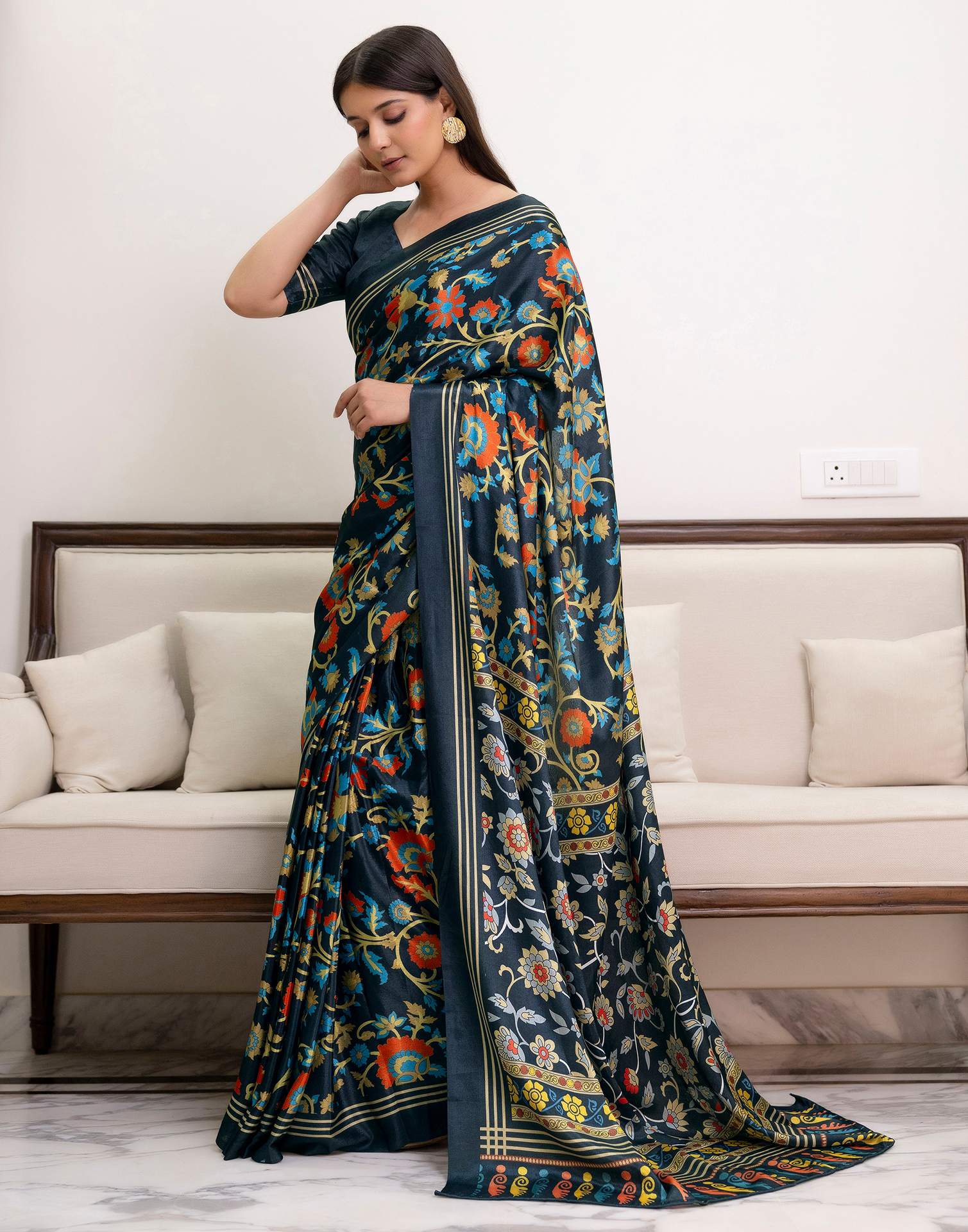 Ready To Wear Dark Grey Chinnon Printed Saree - Image 5
