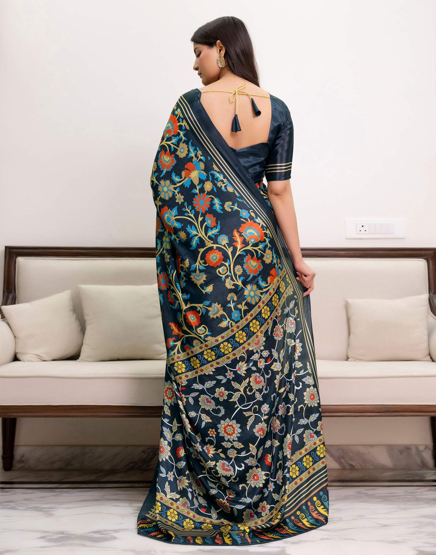 Ready To Wear Dark Grey Chinnon Printed Saree - Image 7