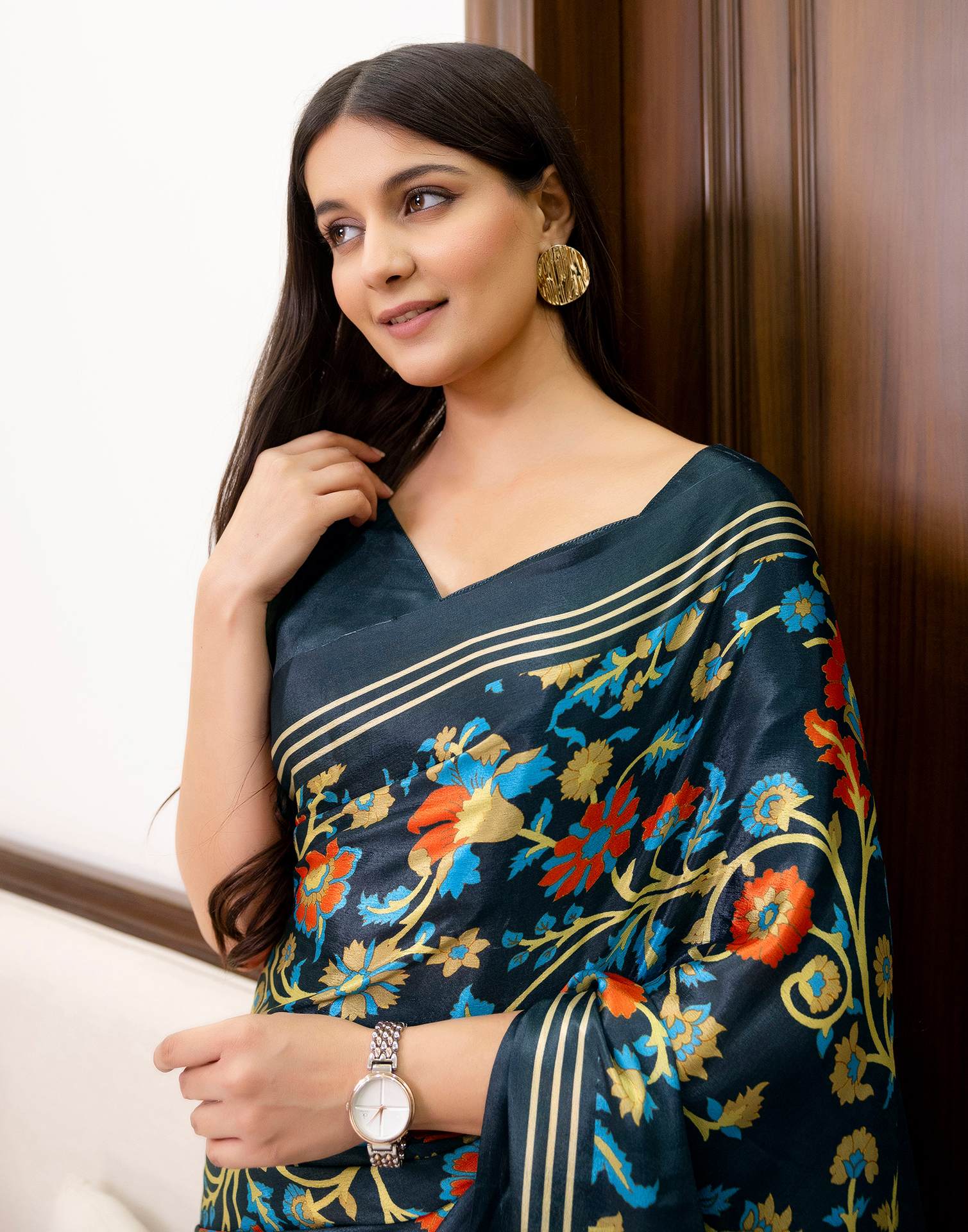 Ready To Wear Dark Grey Chinnon Printed Saree - Image 9