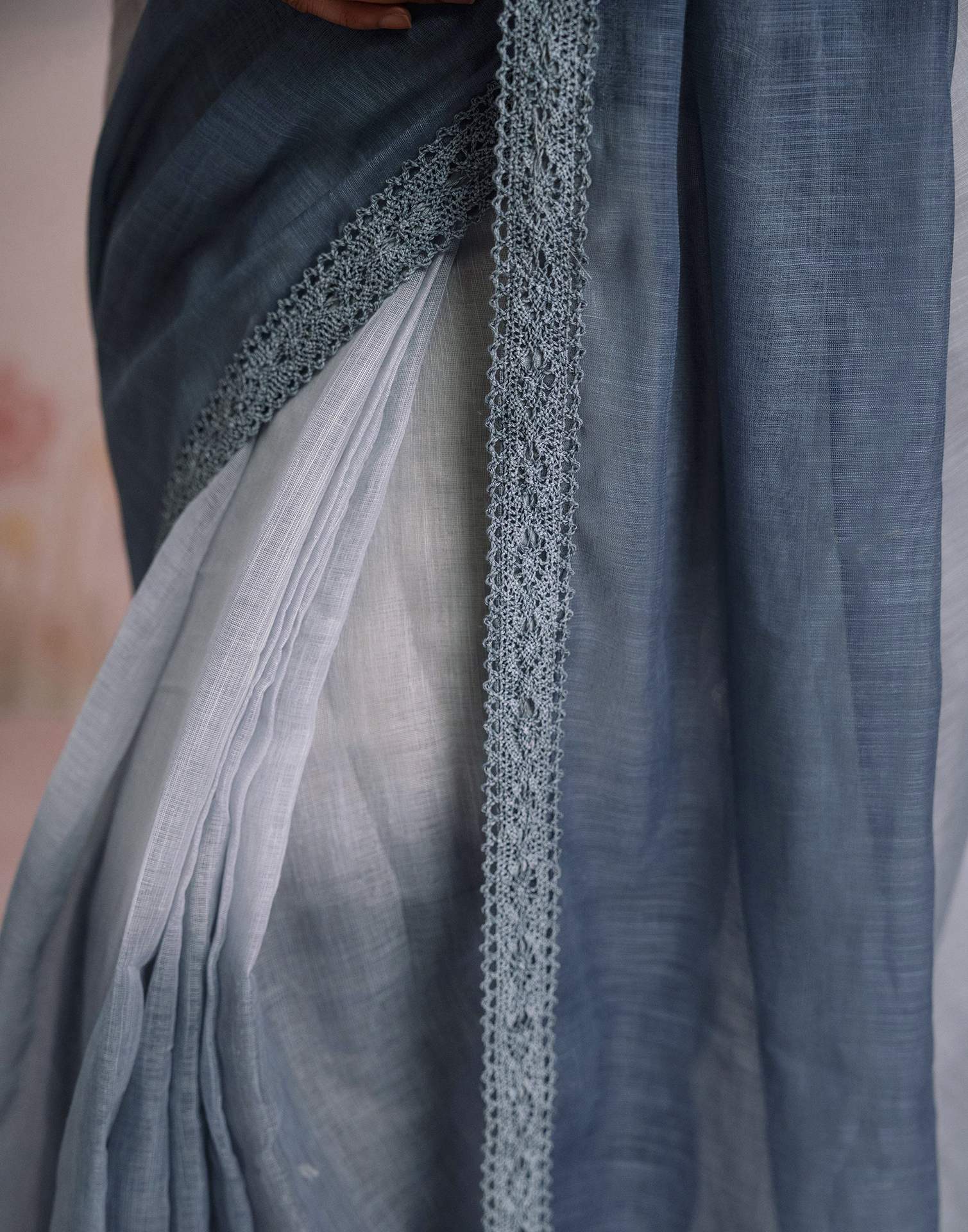 Ready To Wear Dark Grey Linen Ombre Lace Saree With Pocket - Image 12