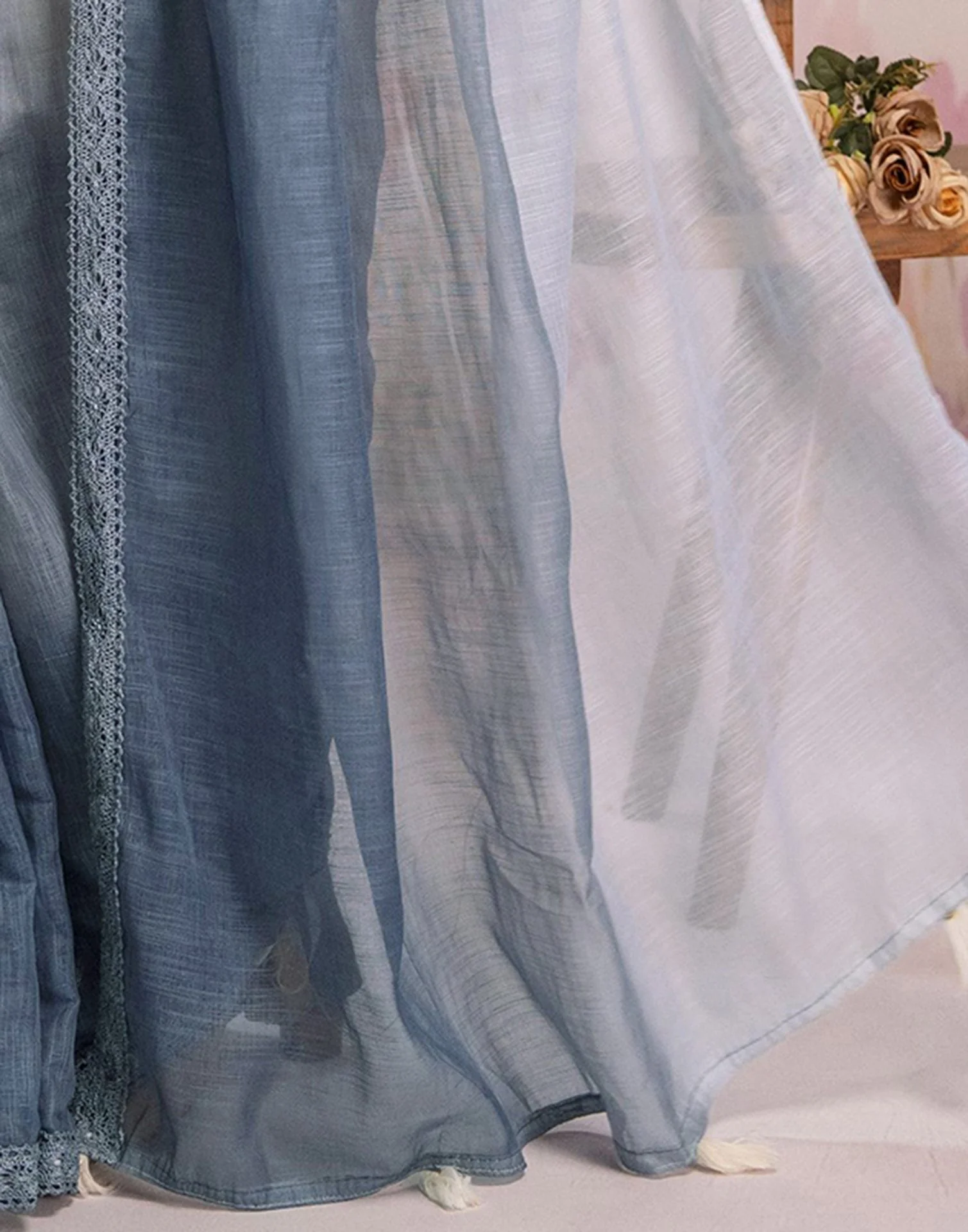 Ready To Wear Dark Grey Linen Ombre Lace Saree With Pocket - Image 13