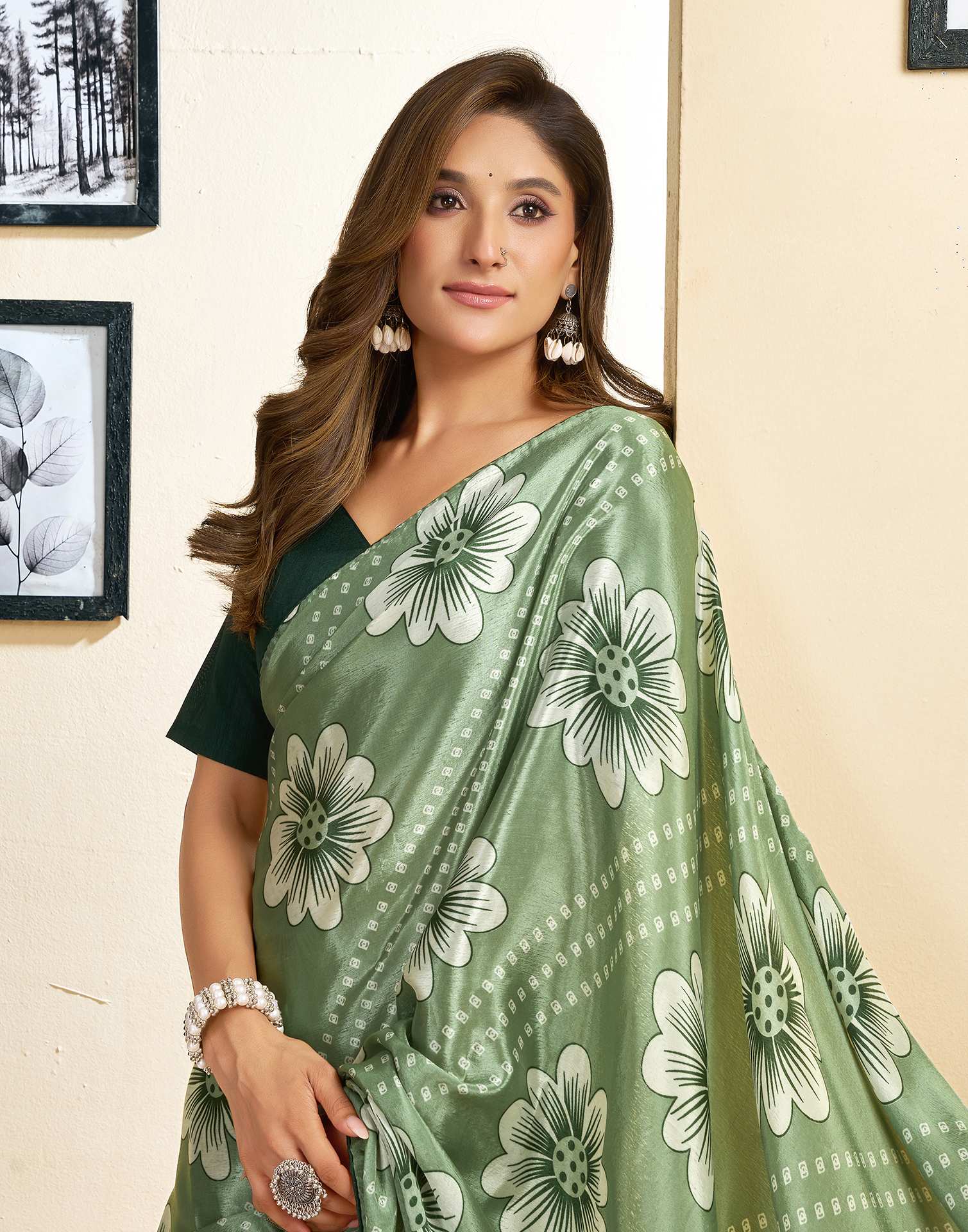 Ready To Wear Sage Green Chinnon Floral Printed Saree - Image 4