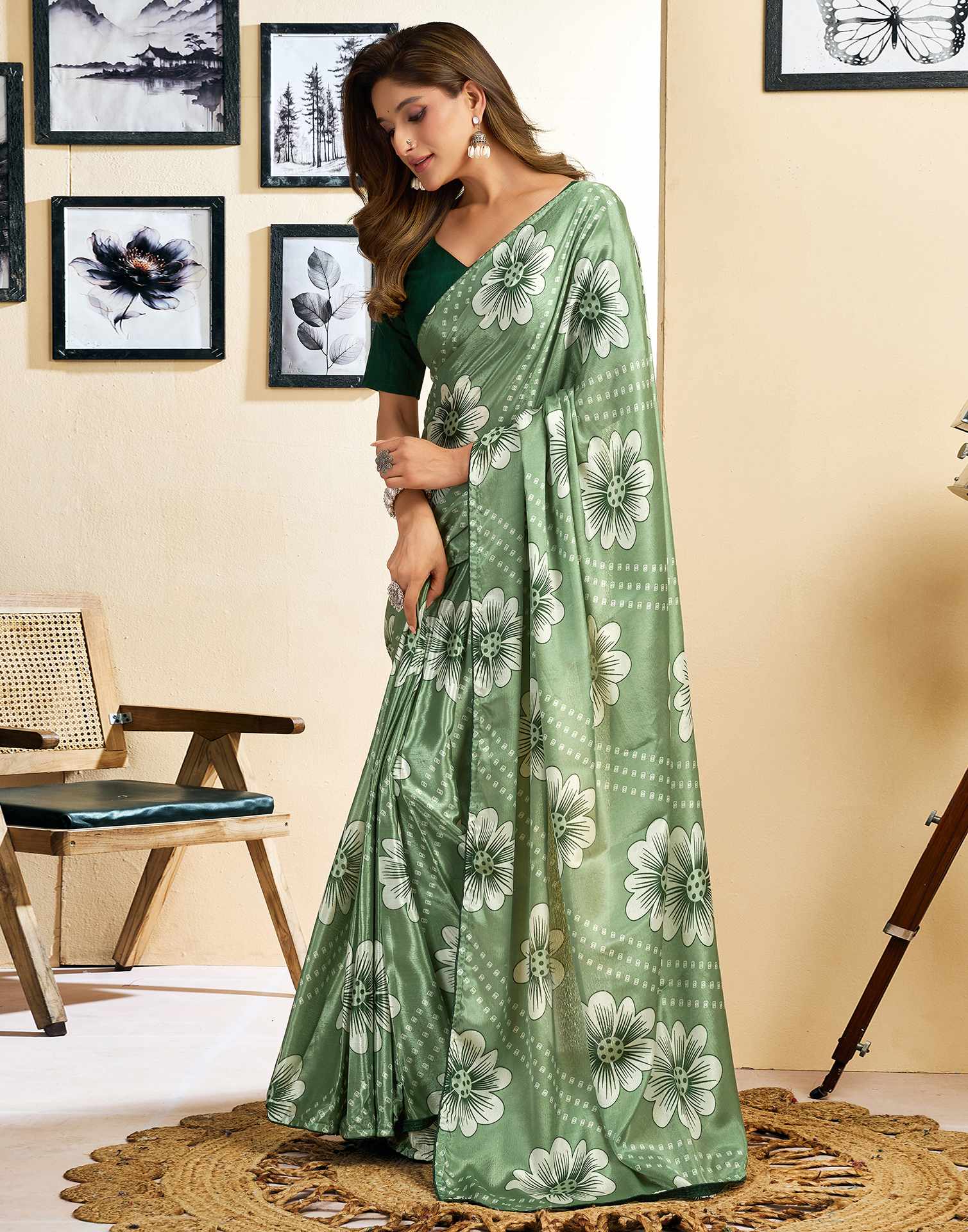 Ready To Wear Sage Green Chinnon Floral Printed Saree - Image 6