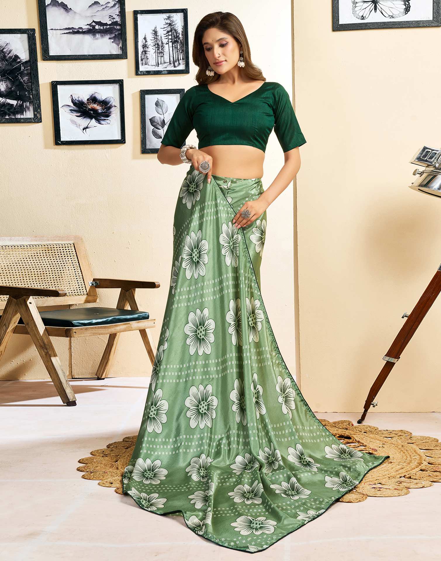 Ready To Wear Sage Green Chinnon Floral Printed Saree - Image 9