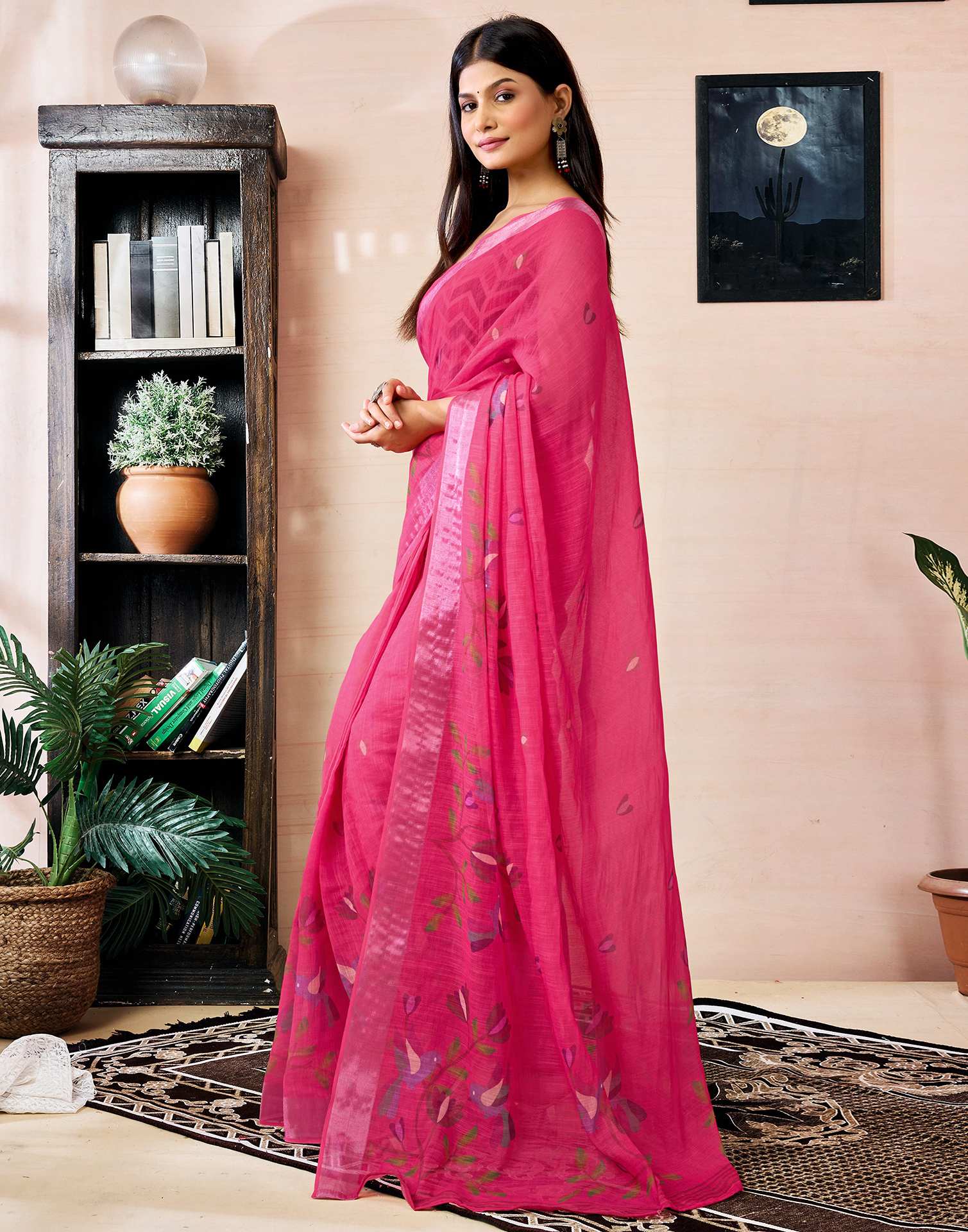 Ready to Wear Dark Pink Linen Floral Printed Saree - Image 5