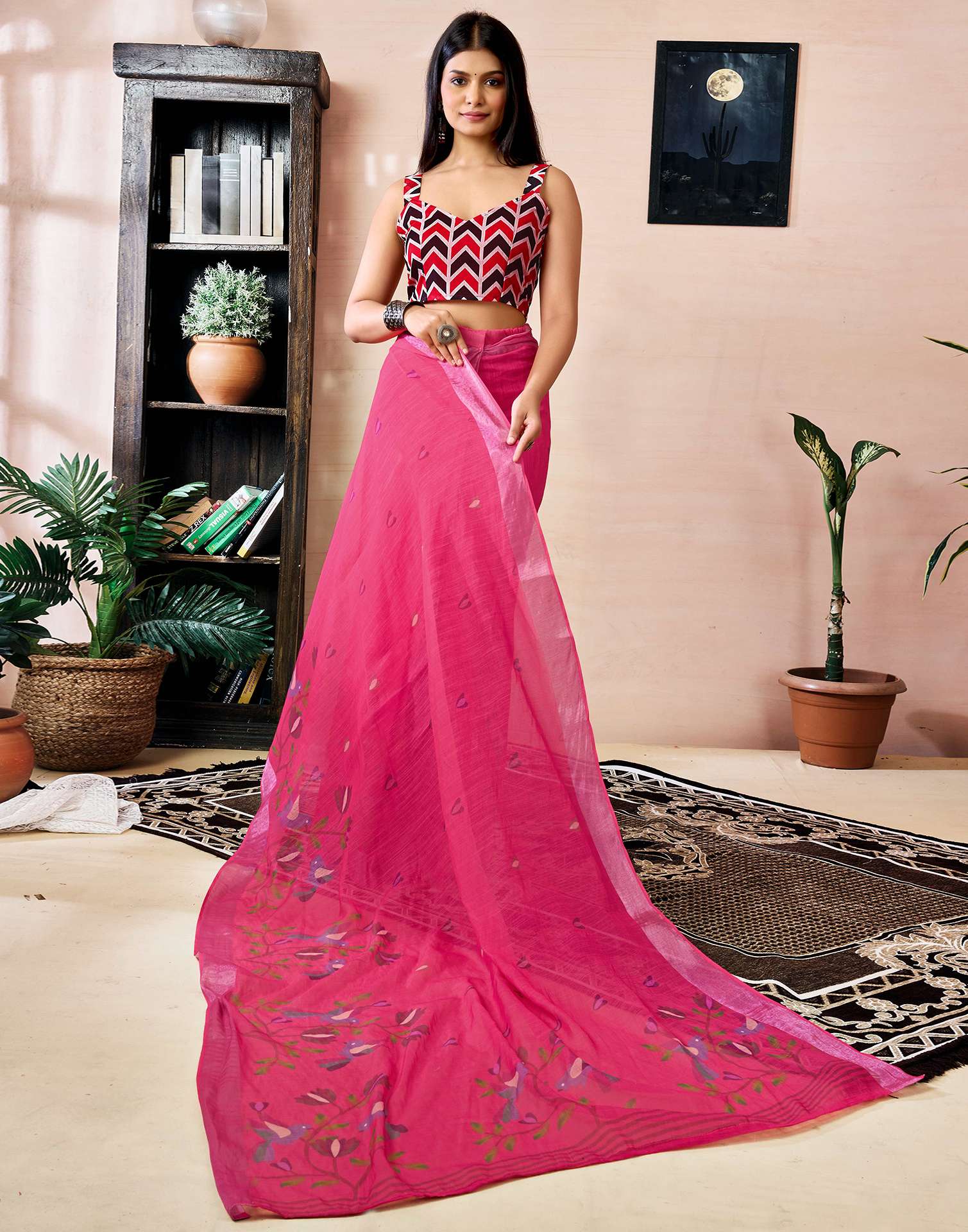 Ready to Wear Dark Pink Linen Floral Printed Saree - Image 7