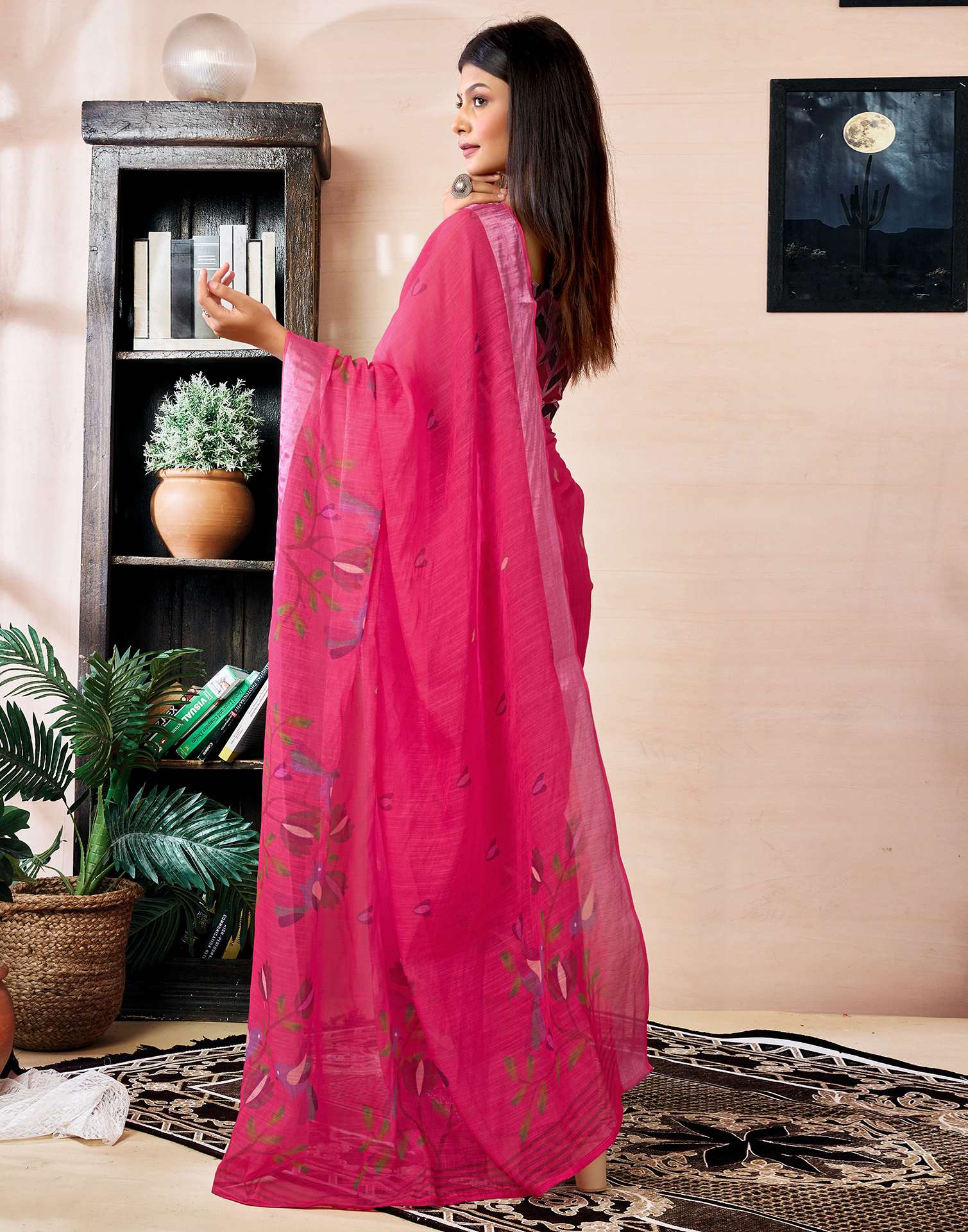 Ready to Wear Dark Pink Linen Floral Printed Saree - Image 8