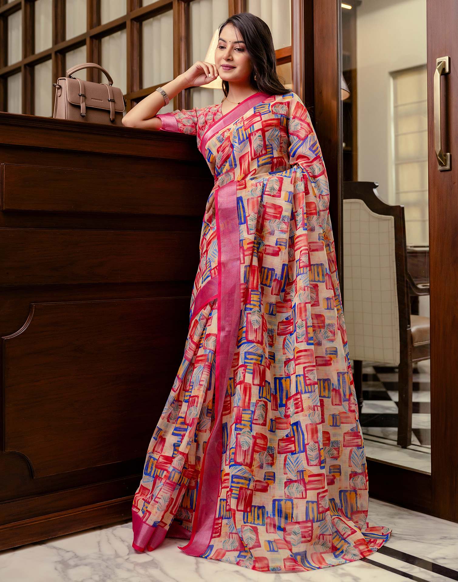 Ready To Wear Dark Pink Linen Woven Border Printed Saree - Image 10