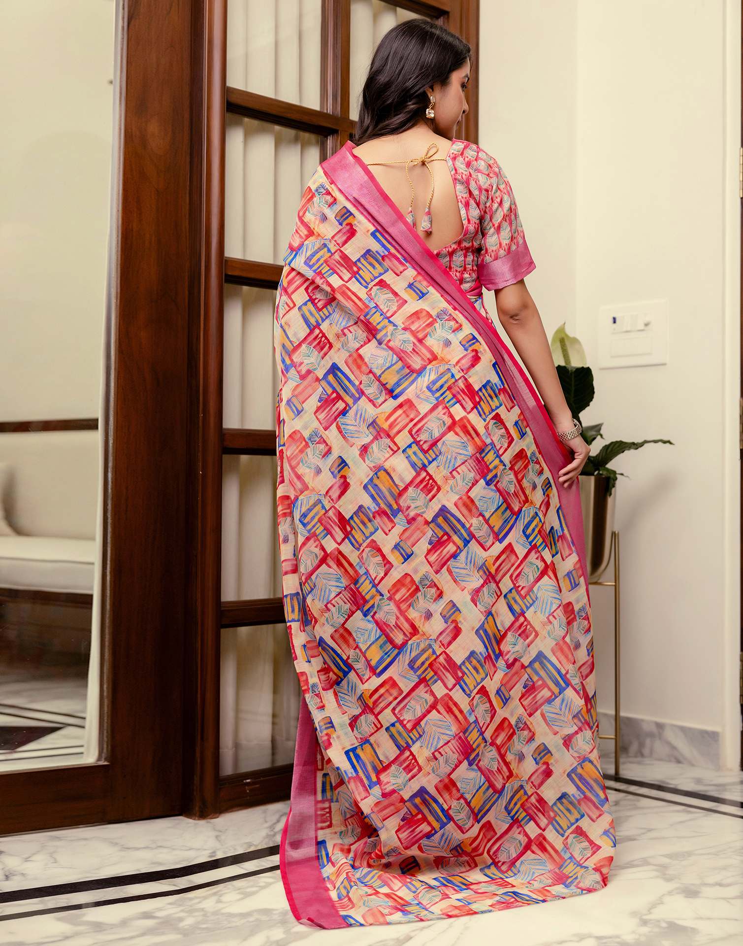 Ready To Wear Dark Pink Linen Woven Border Printed Saree - Image 11