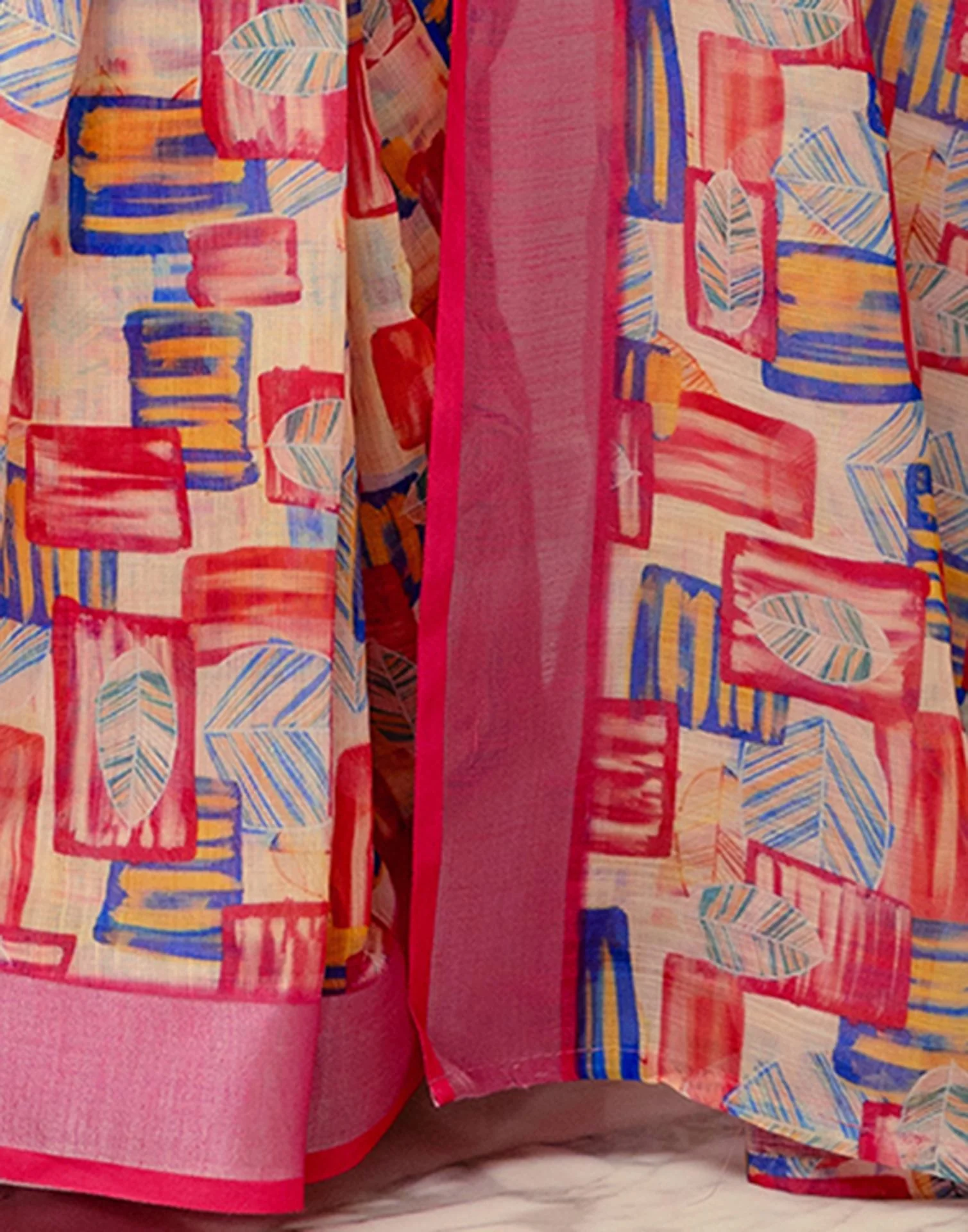 Ready To Wear Dark Pink Linen Woven Border Printed Saree - Image 12